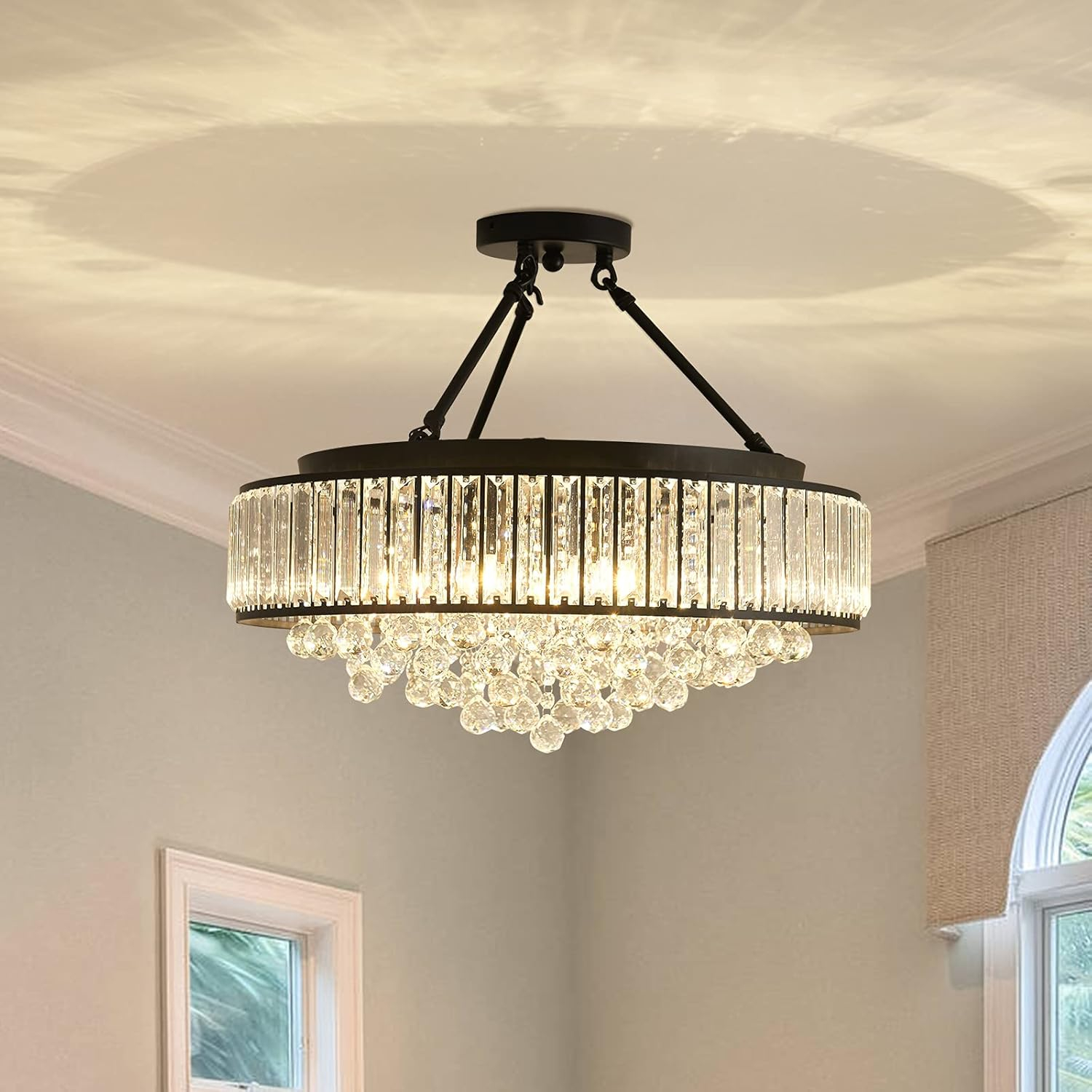 YYJLX 6-Light Modern Large Crystal Chandelier Black Metal E26 Semi Flush Mount Round Light Fixture Ceiling Lamp Farmhouse for Dining Living Room Laundry Foyer Kitchen Balcony Bedroom