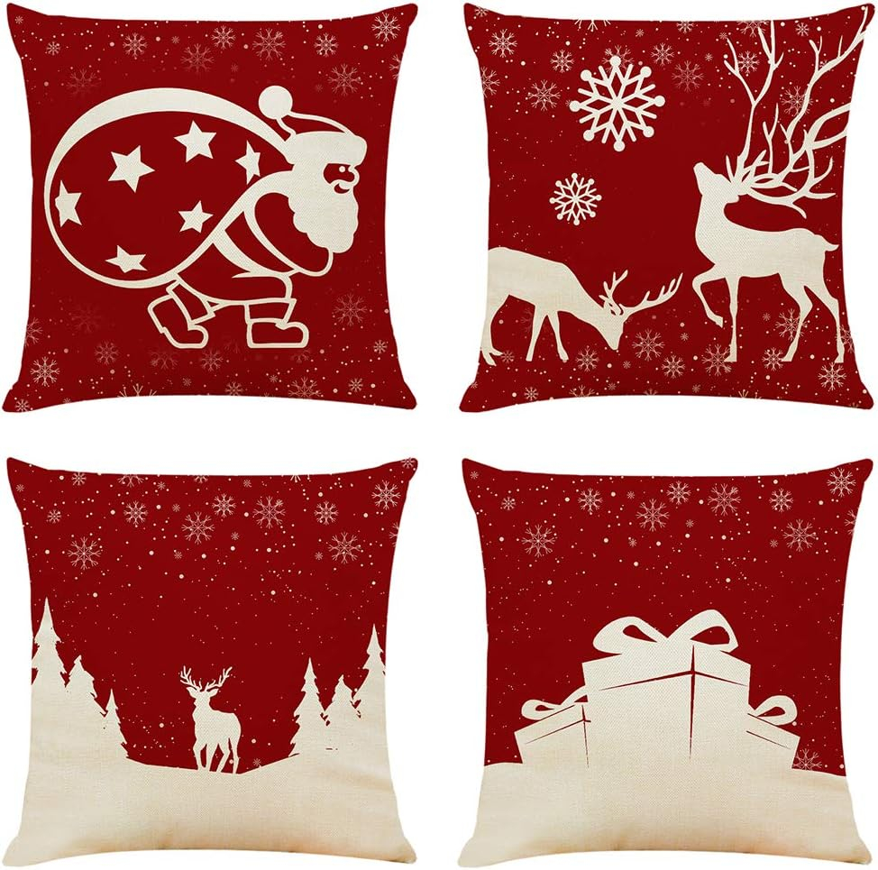 Sunnyglade 4PCS 18"x18" Christmas Throw Pillow Covers Christmas Decorative Couch Pillow Cases Cotton Linen Pillow Square Cushion Cover for Sofa, Couch, Bed and Car (Christmas A-4PCS)