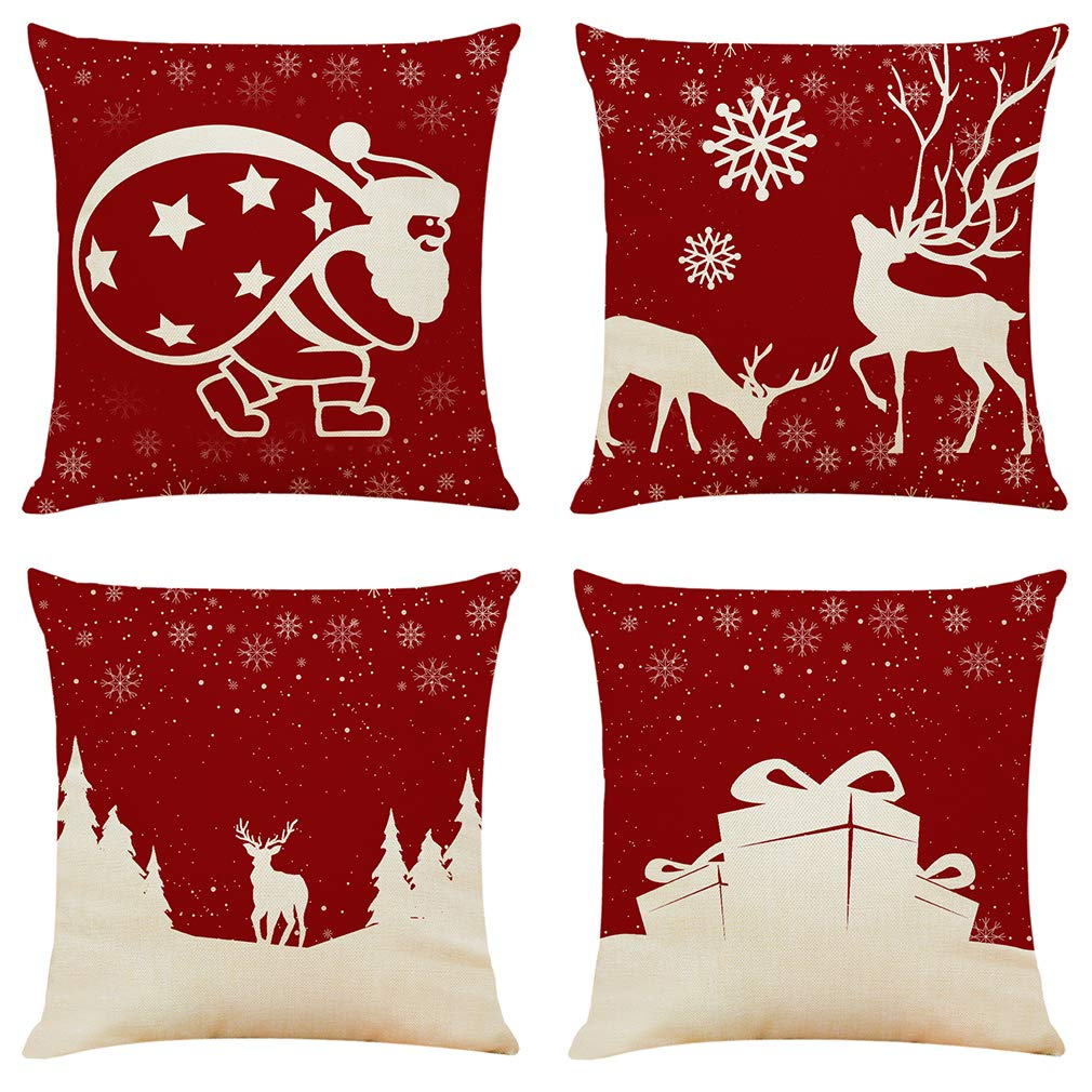 Sunnyglade 4PCS 18"x18" Christmas Throw Pillow Covers Christmas Decorative Couch Pillow Cases Cotton Linen Pillow Square Cushion Cover for Sofa, Couch, Bed and Car (Christmas A-4PCS)