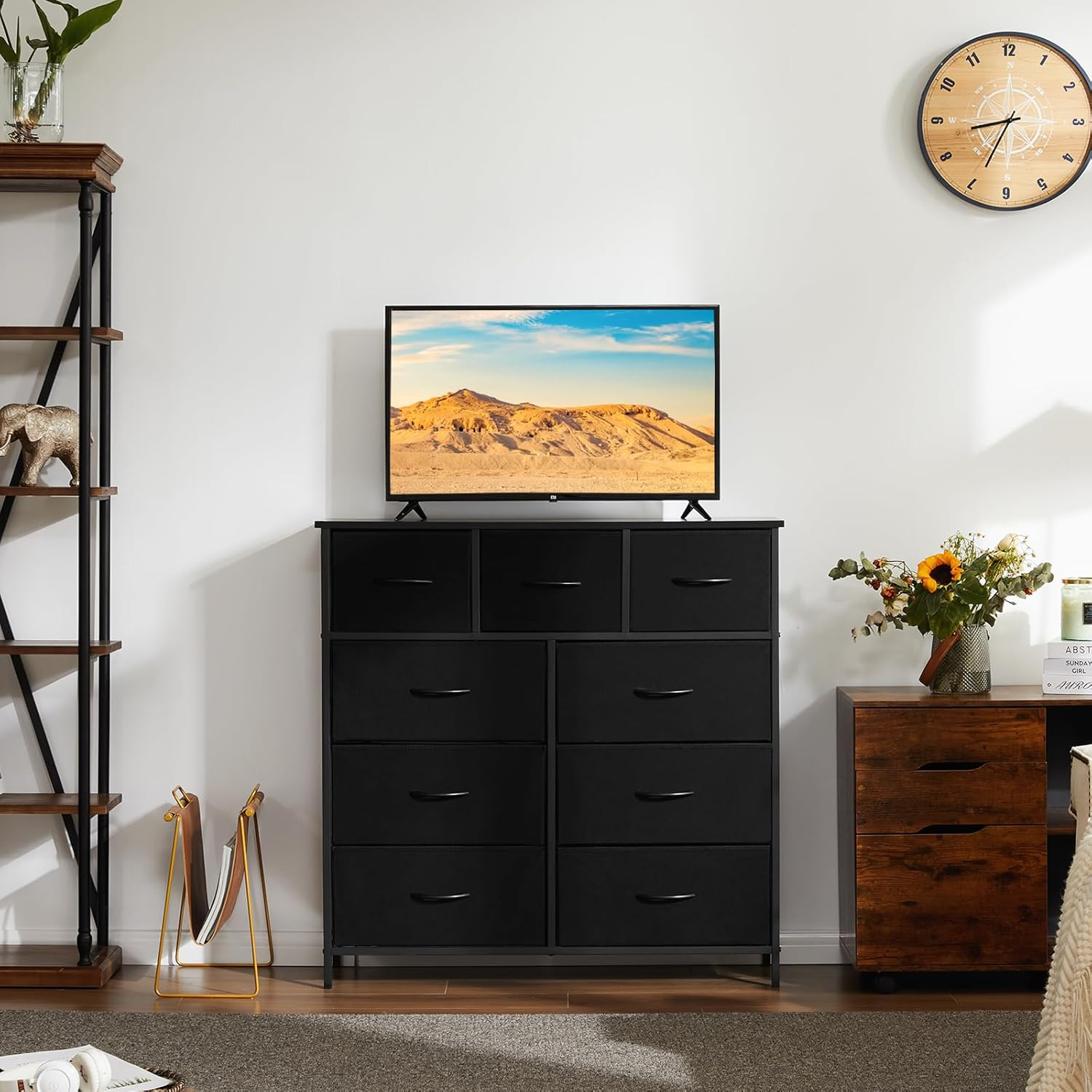 DUMOS Dresser for Bedroom, Storage Organizer with 9 Drawers, Chest of Drawers with Fabric Bins, Sturdy Metal Frame, Wood Tabletop for Guest Room, Closet, Entryway, Nursery