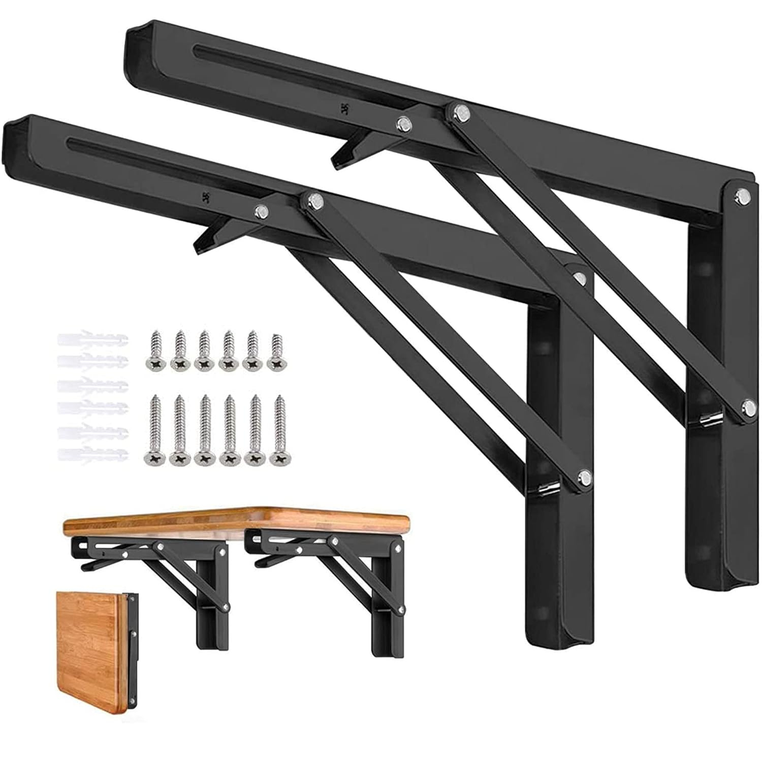 Folding Shelf Brackets - 16 Inch 2 Pcs Heavy Duty Stainless Steel Collapsible Triangle Shelf Bracket, DIY Wall Mounted Folding Table Hinge, Space Saving for Bench Table with Screws