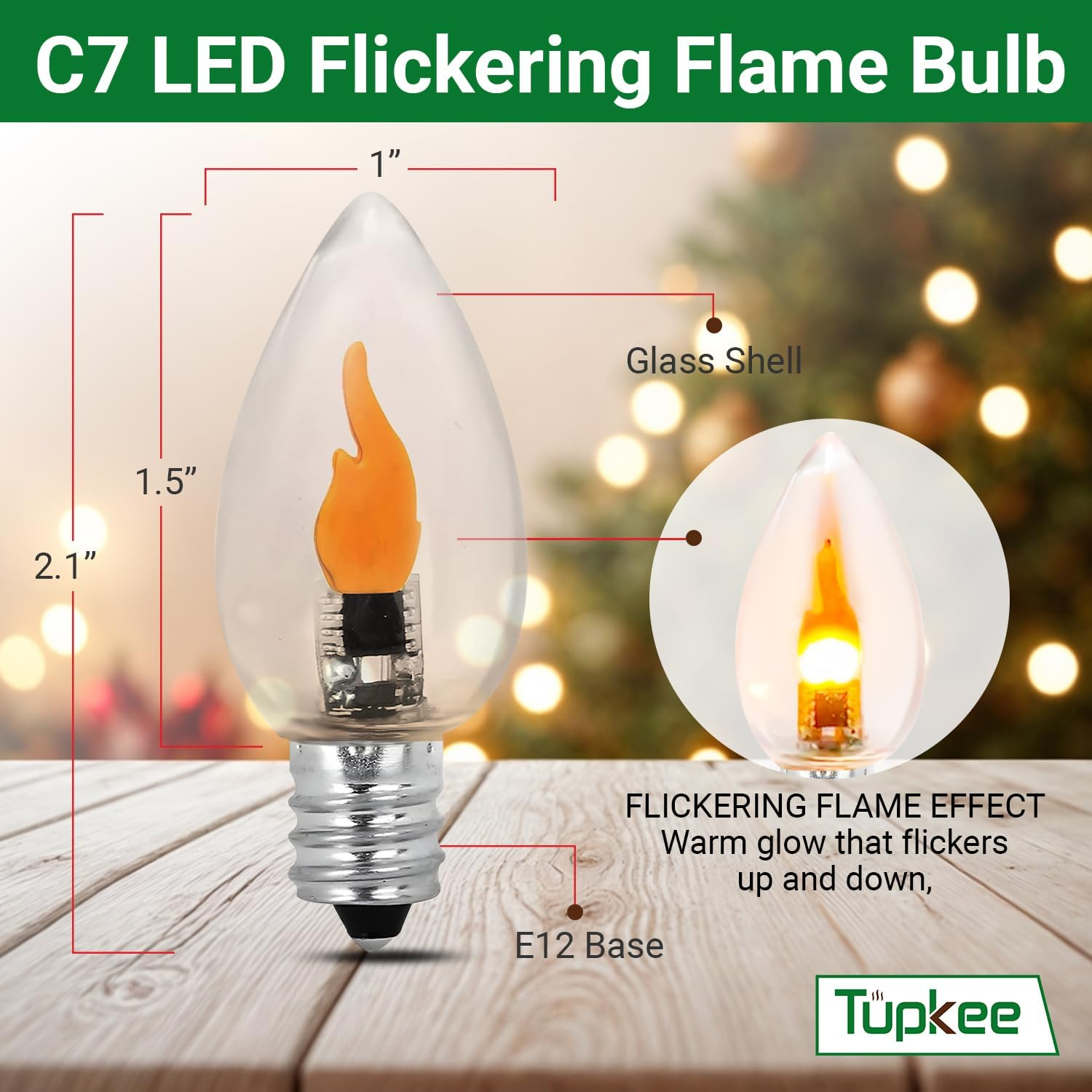 Tupkee LED Flickering Flame Bulb  C7, E12 Base, 0.06 Watt, Flicker Flame LED Bulb with a Warm Glow That Flickers and Dances Up and Down - for Halloween, Christmas Candolier Window Candle - 2/Pkg
