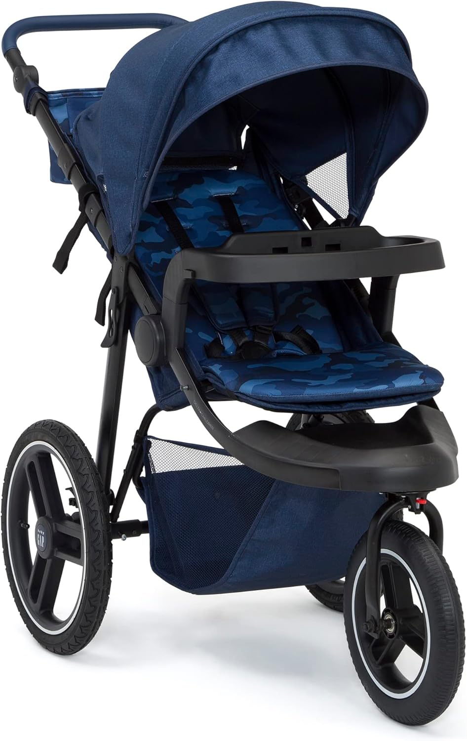 babyGap Trek Jogging Stroller - Lightweight Jogging Stoller with Extendable Canopy & Reclining Seat - Includes Car Seat Adapter - Made with Sustainable Materials, Navy Camo