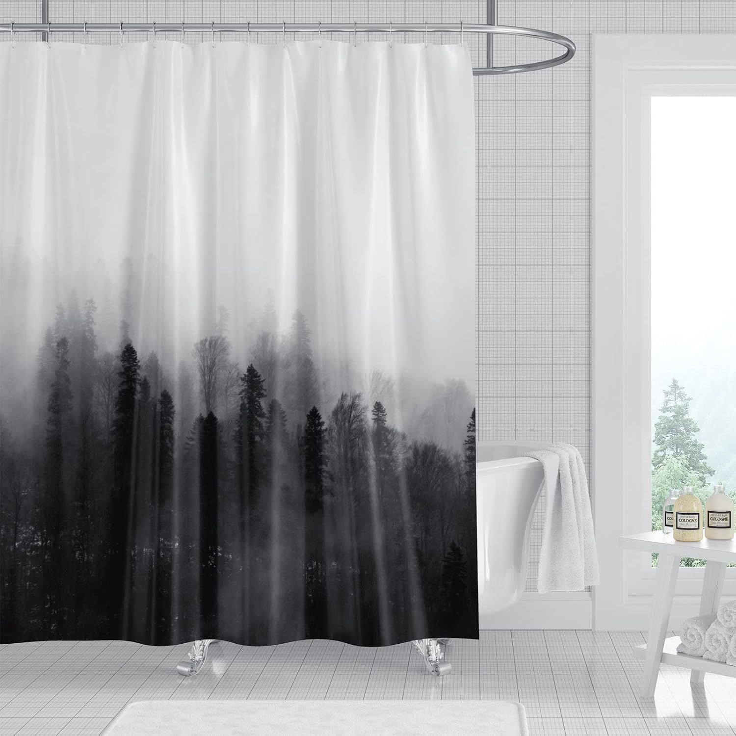 Black and White Fabric Shower Curtain for Bathroom with 12 Hooks, Nature Forest Tree Mountain Bath Shower Curtain Set for Hotel Home Men Women - 72 x 72 Inch