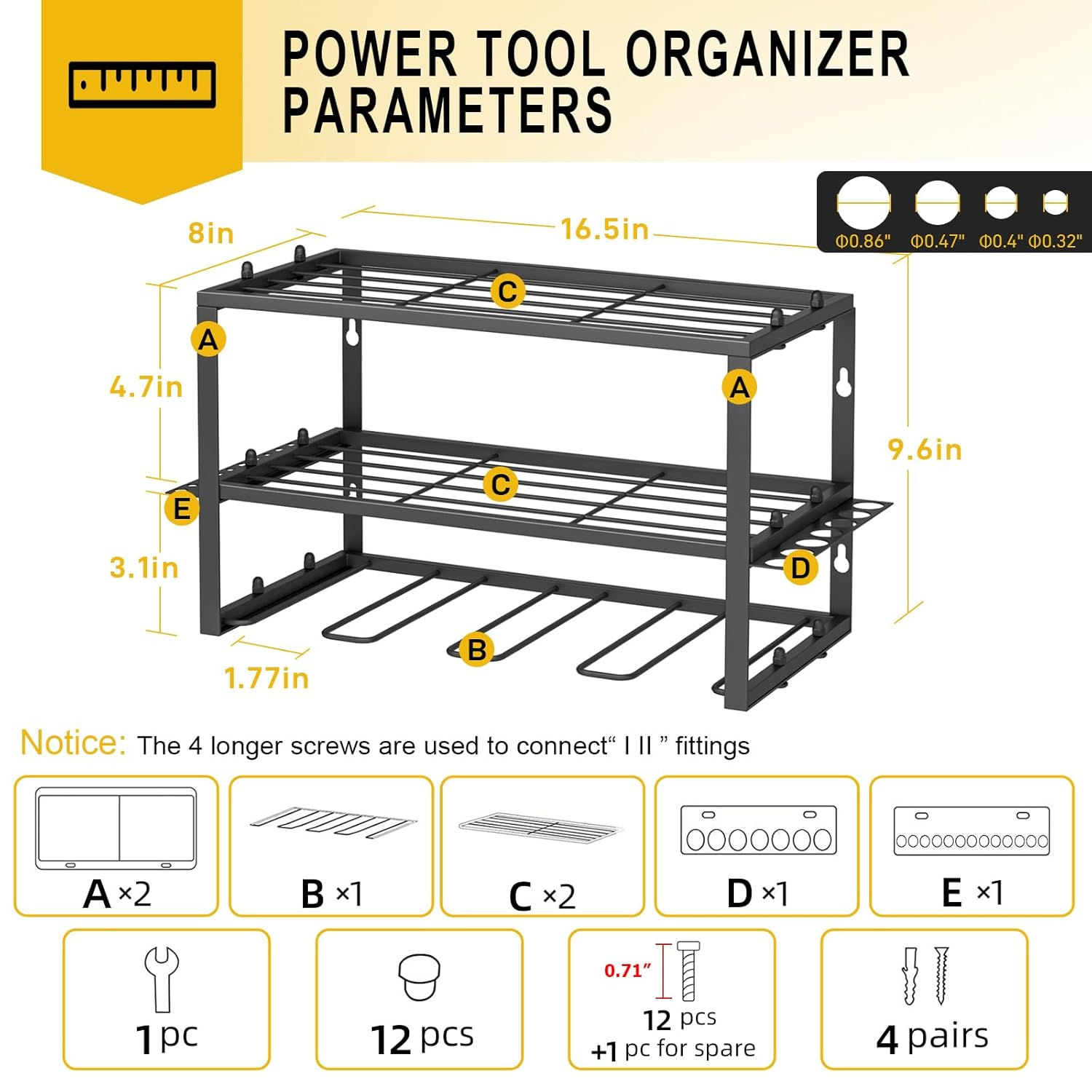Spacecare Power Tool Organizer- Power Drill Tool Holder- Heavy Duty Tool Shelf & 1 Pack 3 Layers Tool Rack Cordless Drill Holder- Floating Tool Shelf Wall Mounted Tool Storage Rack for 4 Drill Holders