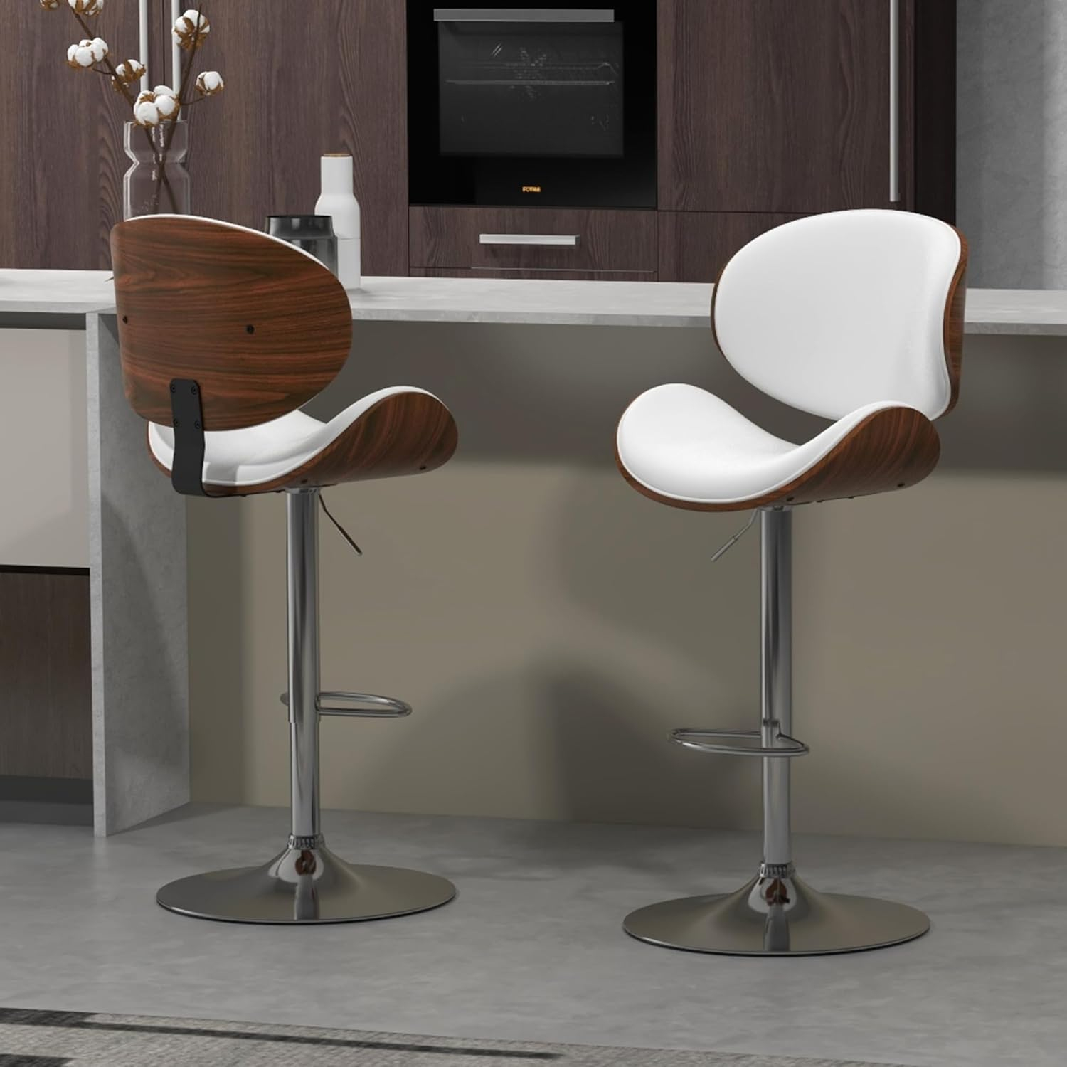 civama Bar Stools Set of 2 for Kitchen Counter, Adjustable Bar Height Chairs, Modern Swivel Barstools with Bentwood Seat and Back with Footrest, for Kitchen Island, Dining Room, White PU Leather
