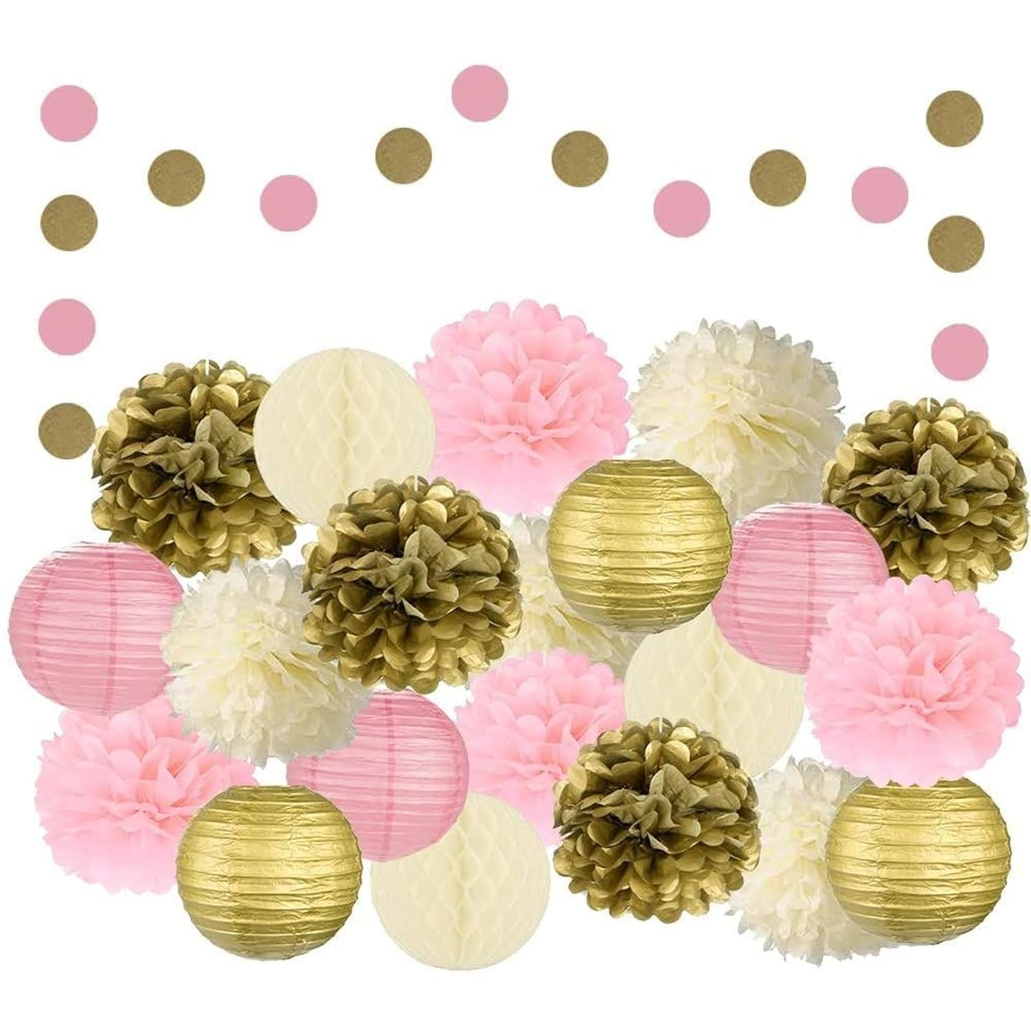 EpiqueOne 22pc Pink, Gold, and Ivory Decorative Party Decoration Kit with Paper Pom Poms and Lanterns