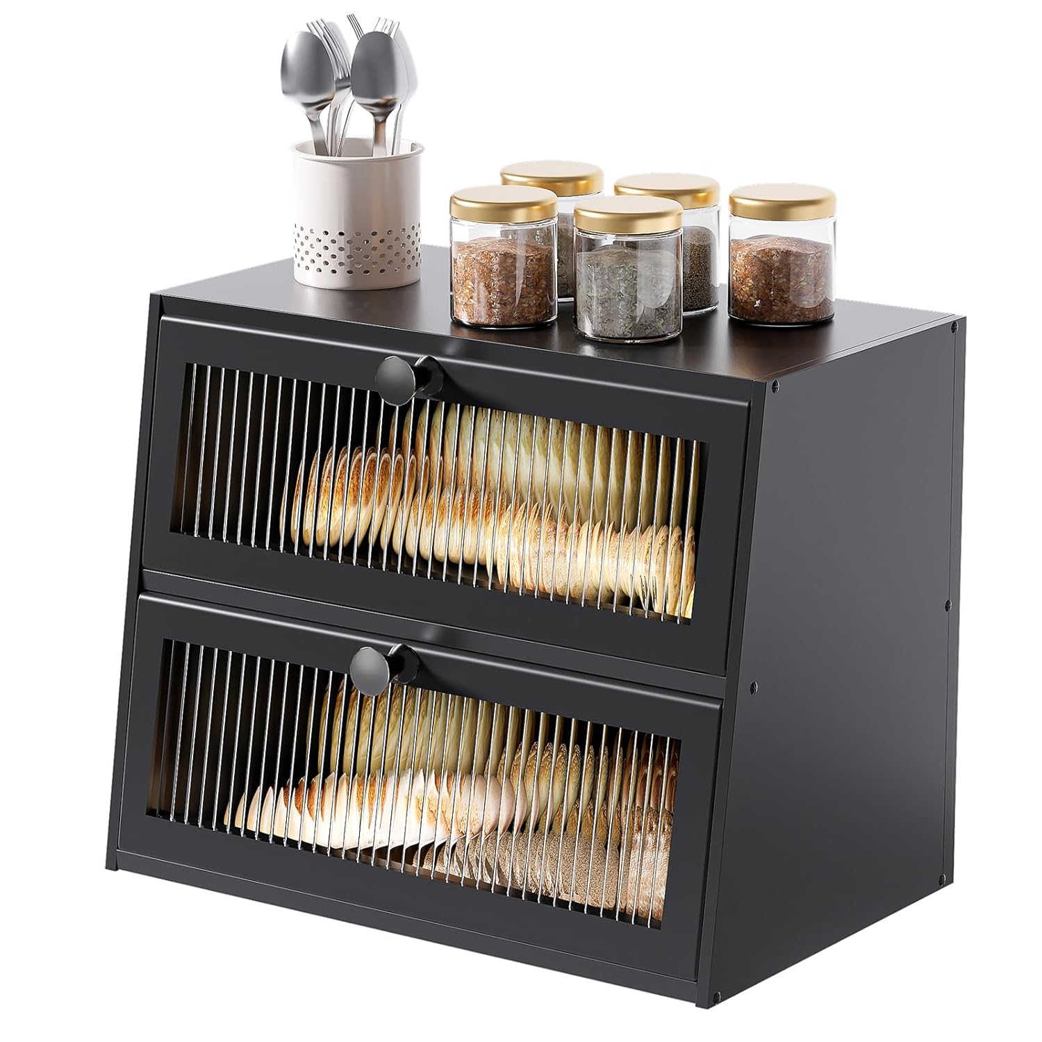 Bread Box for Kitchen Countertop,Extra Large 2 Layer Breadbox Wooden Farmhouse Bread Storage Container Bread Bin Bread Holder Food Organizer Pantry Shelf Acrylic Window(Black)