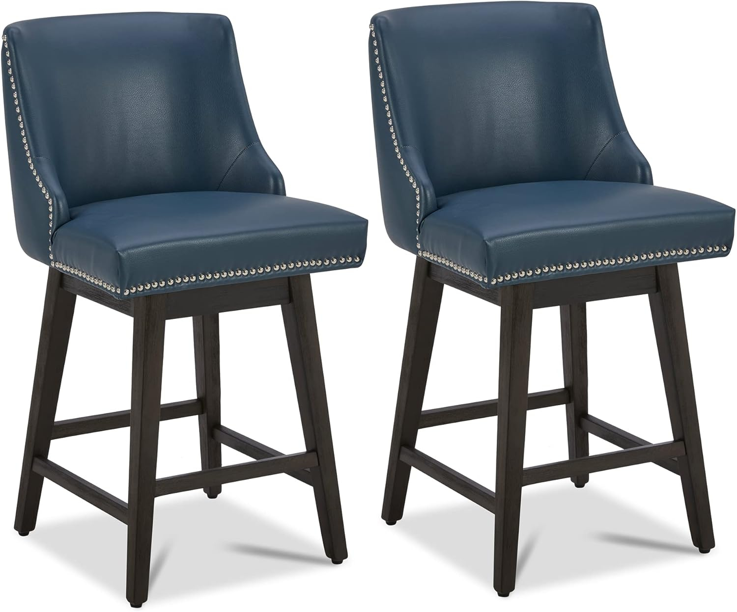 CHITA 26 in Upholstered Swivel Counter Bar Stools with Back&Wood Legs Set of 2, Faux Leather in Dark Blue