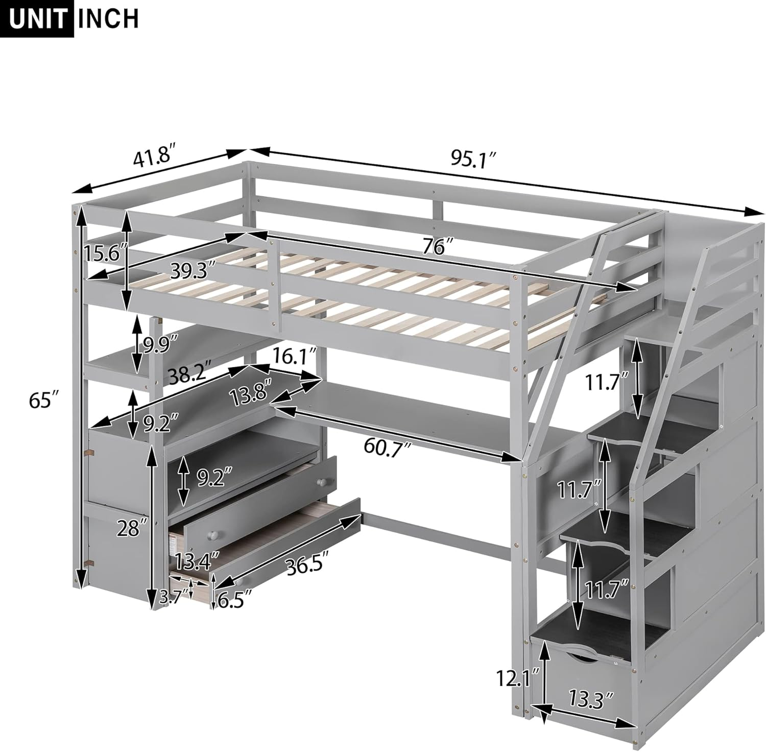 Stairway Twin Size Loft Bed with L Shape Desk, Shelves, Two Tier Drawers and Storage Staircase, Gray