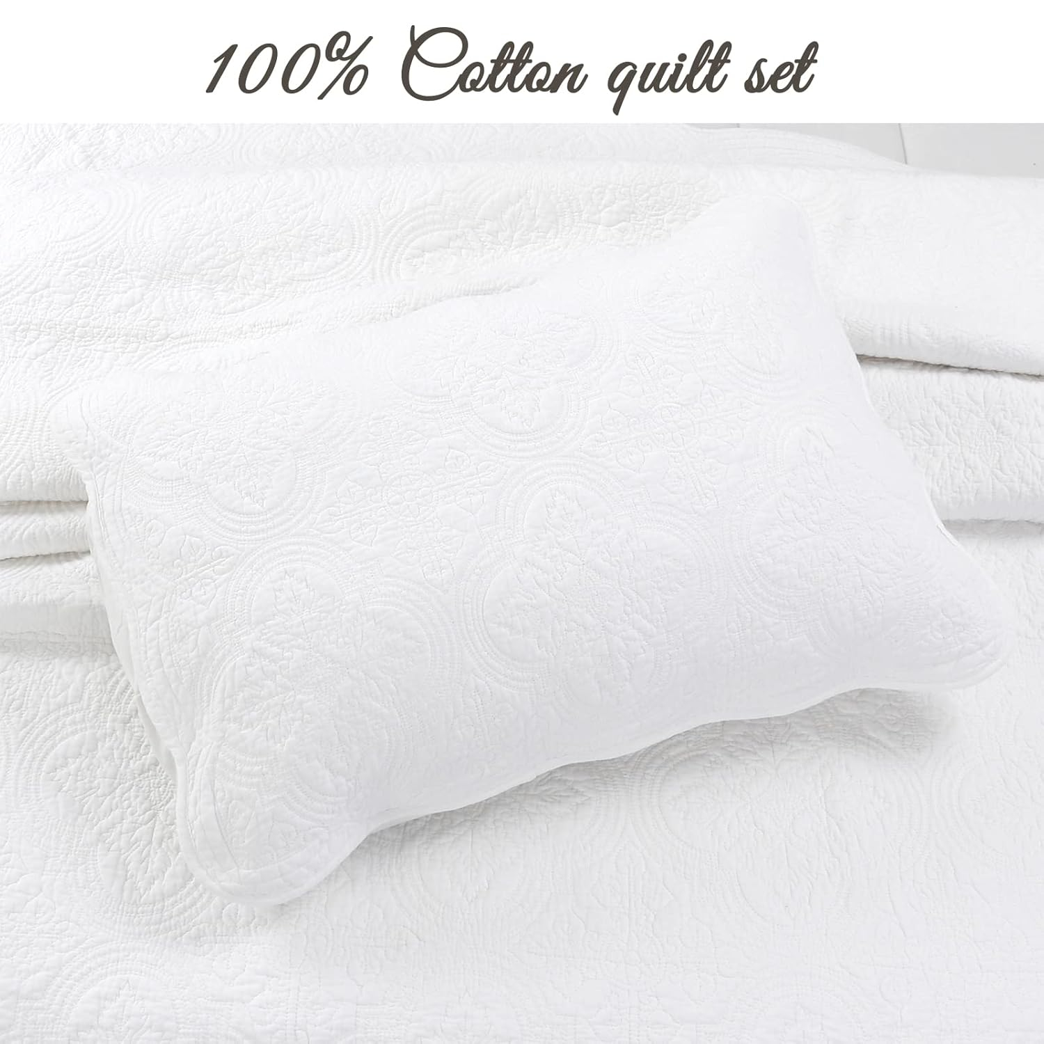 Cozy Line Victorian Medallion Matelasse Scalloped Edge 100% Cotton 3-Piece White Quilt Bedding Set, Queen