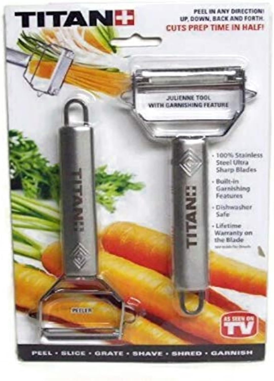 Titan Stainless Steel Dual Blade Julienne Peeler with Garnishing Feature