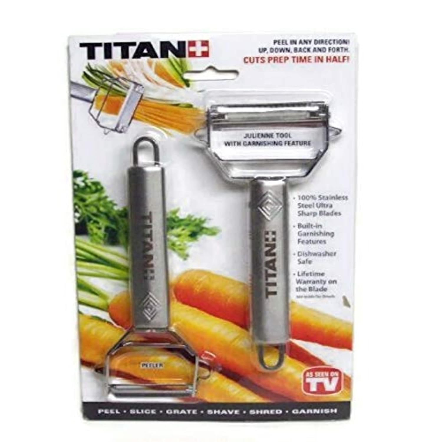 Titan Stainless Steel Dual Blade Julienne Peeler with Garnishing Feature