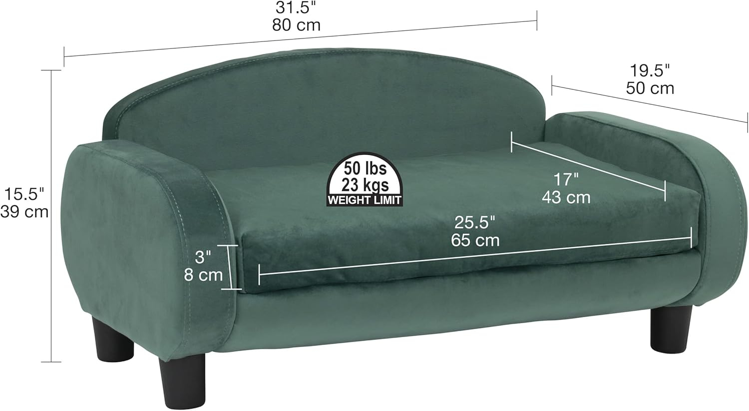 Paws & Purrs Modern Pet Sofa 31.5" Wide Low Back Lounging Bed with Removable Mattress Cover in Espresso / Teal - 61014