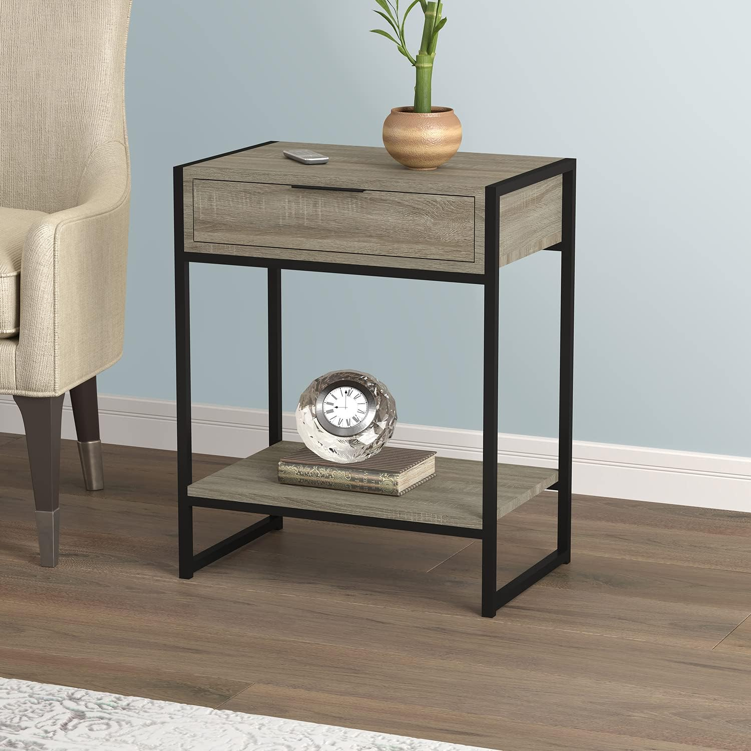 Safdie & Co. Dark Taupe 1 Drawer 1 Shelf Black Metal Accent Table, Beige