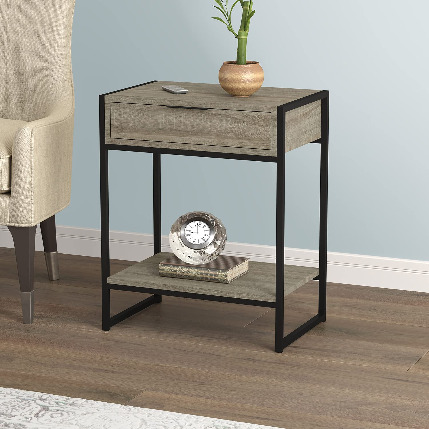 Safdie & Co. Dark Taupe 1 Drawer 1 Shelf Black Metal Accent Table, Beige
