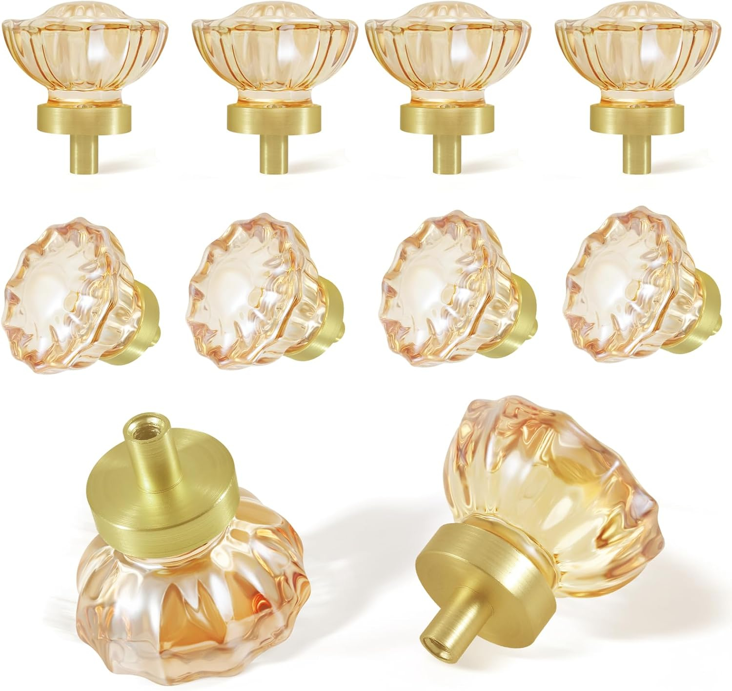 Champagne Crystal Cabinet Knobs and Pulls 8 Pack,Glass Knobs for Dresser Drawers with Satin Brass/Brushed Gold Base
