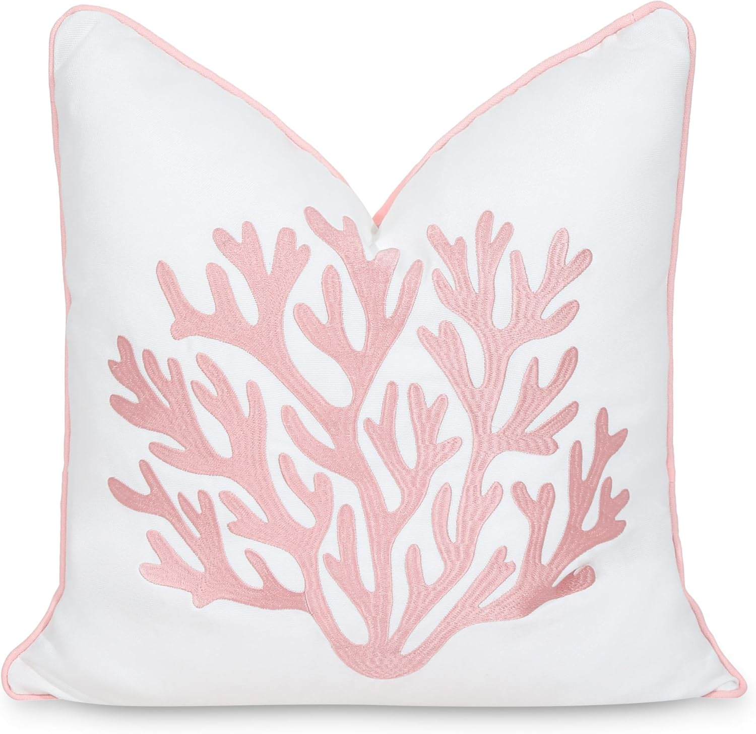 Hofdeco Premium Coastal Patio Indoor Outdoor Throw Pillow Cover Only, 20"x20" Water Repellent for Backyard, Couch, Blush Pink Embroidered Sea Life Coral with Piping