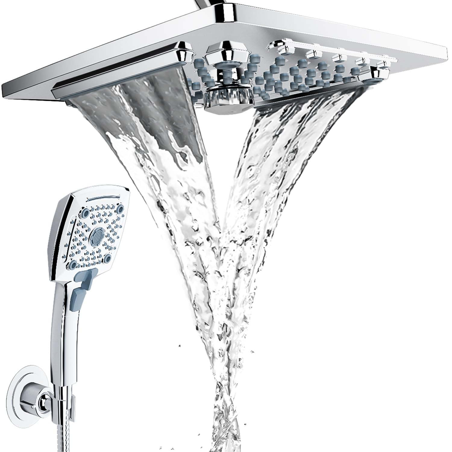 ELLO&ALLO Rain Shower Head with Handheld Spray, Rainfall Shower Head Combo with 60" Hose, Adjustable Dual Showerhead Set with 3-Way Diverter, Chrome