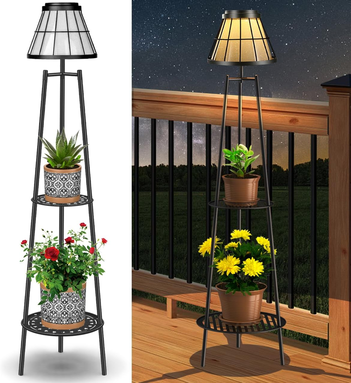 2 Pack 45.5'' Outdoor Floor Lamps with 2 Tier Plant Stand, Solar Powered Metal Waterproof Lights for Patio Deck Yard Garden Porch Decor
