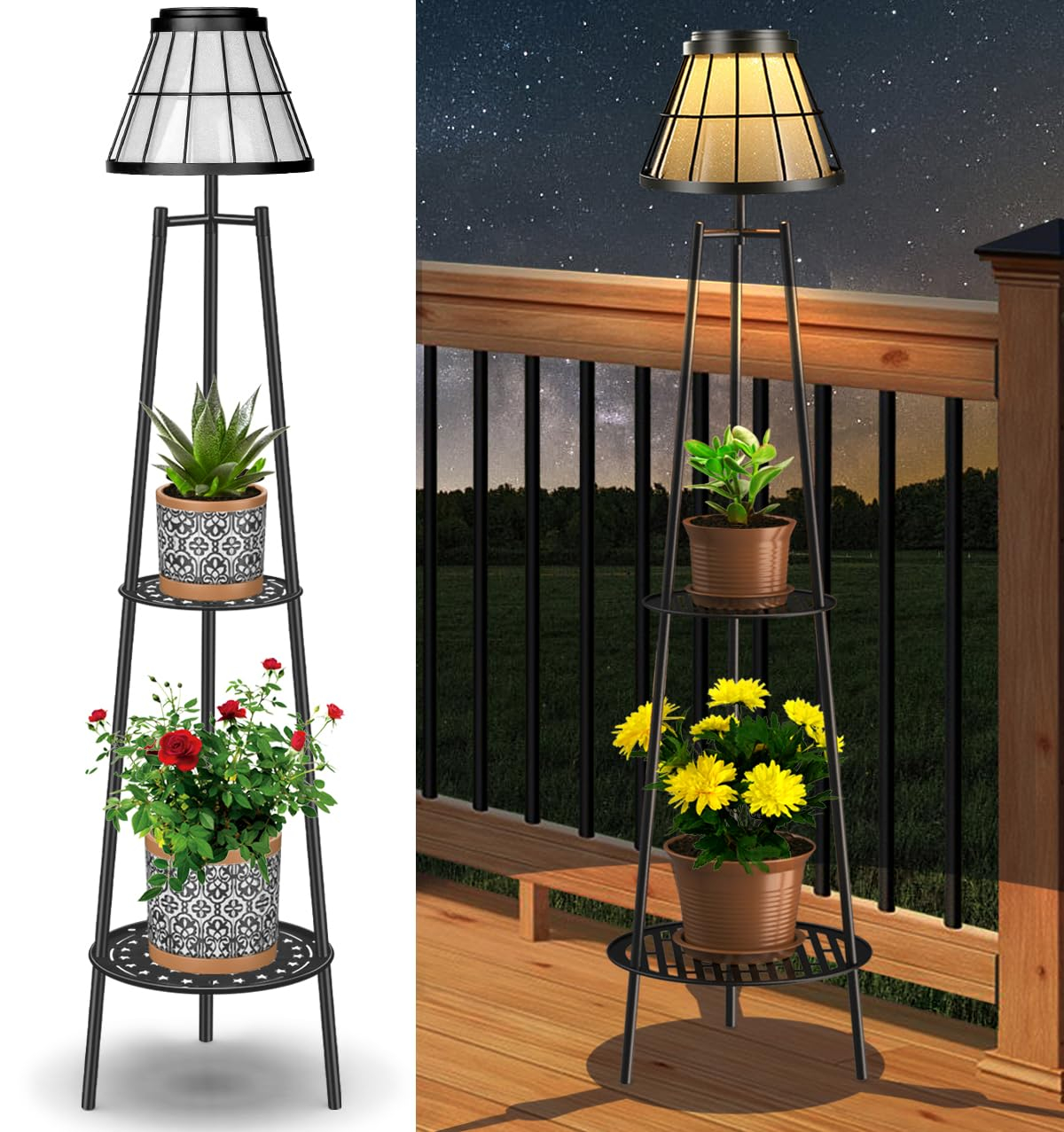 2 Pack 45.5'' Outdoor Floor Lamps with 2 Tier Plant Stand, Solar Powered Metal Waterproof Lights for Patio Deck Yard Garden Porch Decor