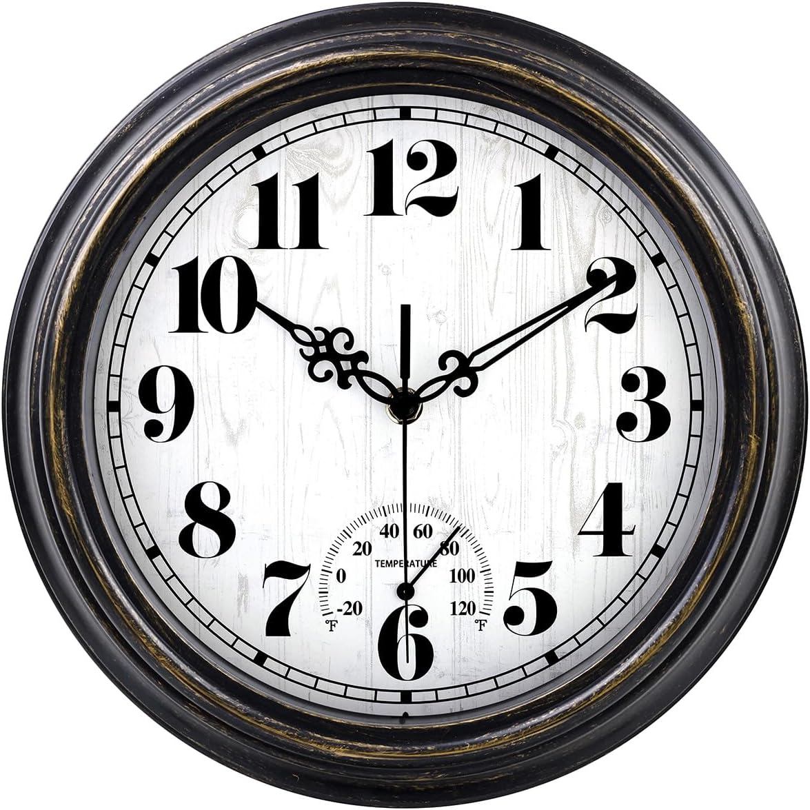 12 Inch Retro Silent Wall Clock,Indoor and Outdoor,Waterproof,Thermometer,Black