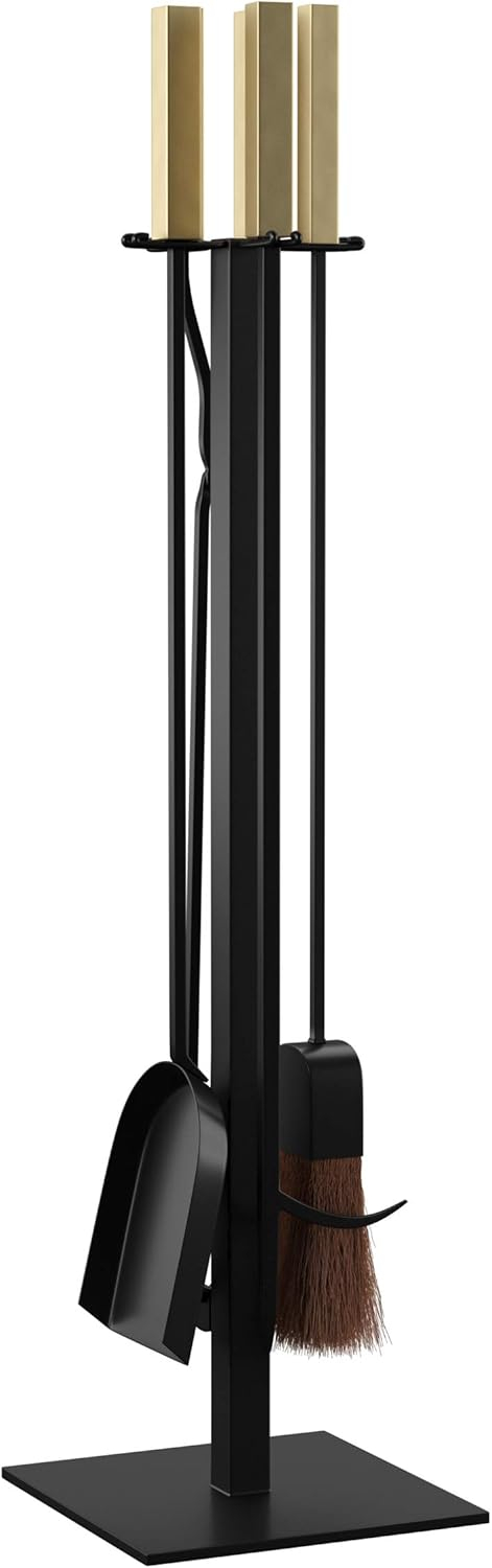 Modern Black and Gold Iron 4-Piece Fireplace Tool Set