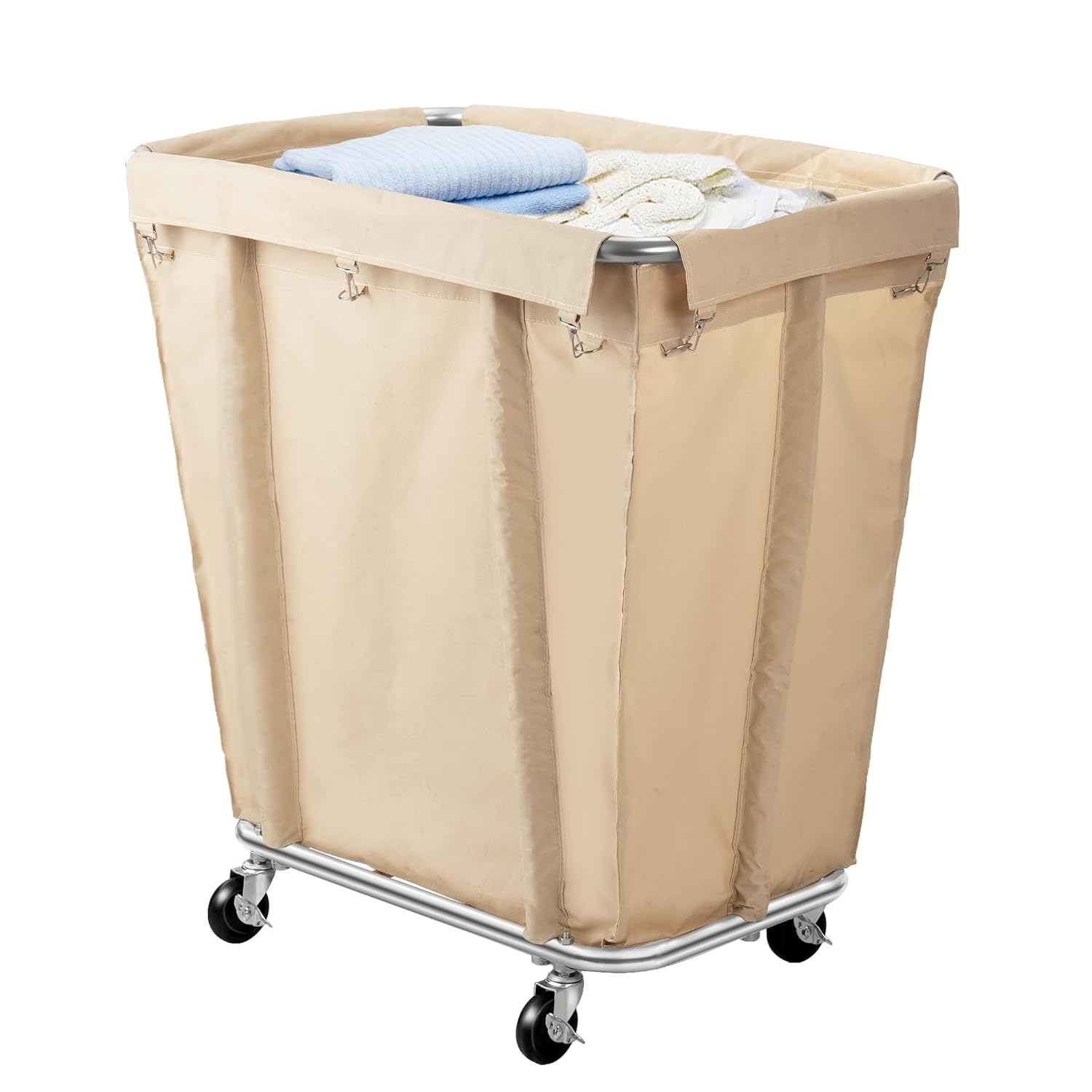 Rengue Commercial Laundry Cart with Wheels, 320L Capacity Laundry Sorter Rolling Laundry Hamper with Waterproof Oxford Basket and Sturdy Steel Frame, 260 lbs Load, Beige