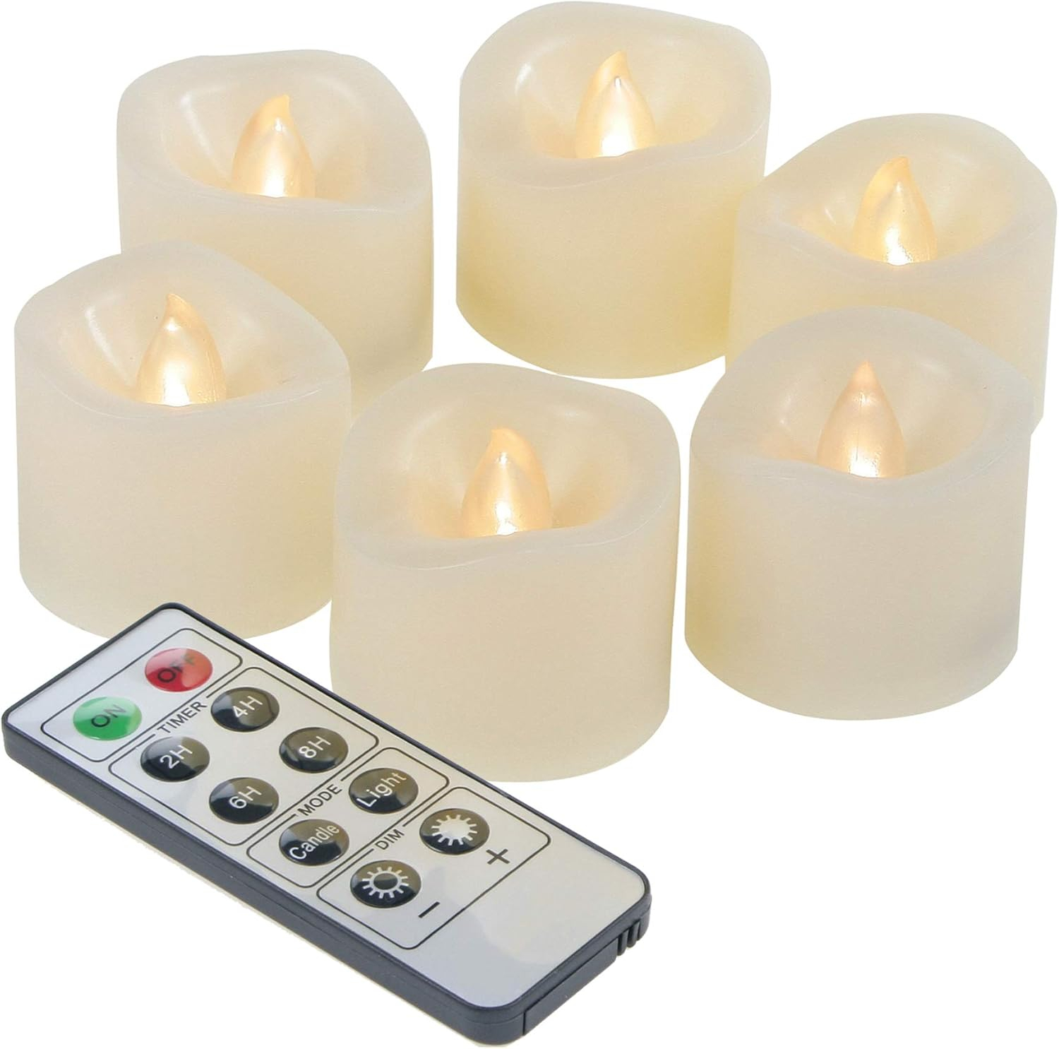 Candle Choice 6 Piece Flameless LED Votive Candles with Remote & Timer - Realistic Flickering Battery-operated Powered Electronic Tealight Candles 1.5”x1.5” Long Lasting Batteries Included 6-Pack