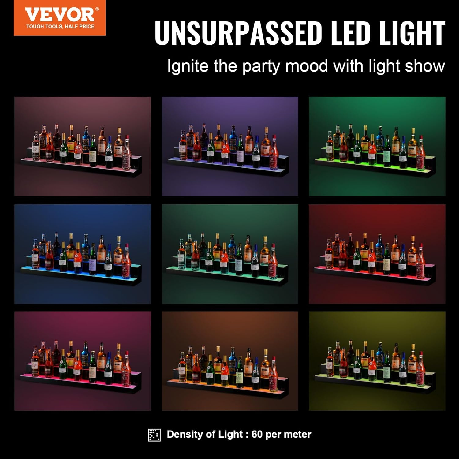 VEVOR LED Lighted Liquor Bottle Display, 2 Tiers 48 Inch Commercial Illuminated Home Bar Shelf, 2 Steps Whiskey Rack Stand, Acrylic Drink Shelves with RF Remote & App Control, and Multicolor Lighting