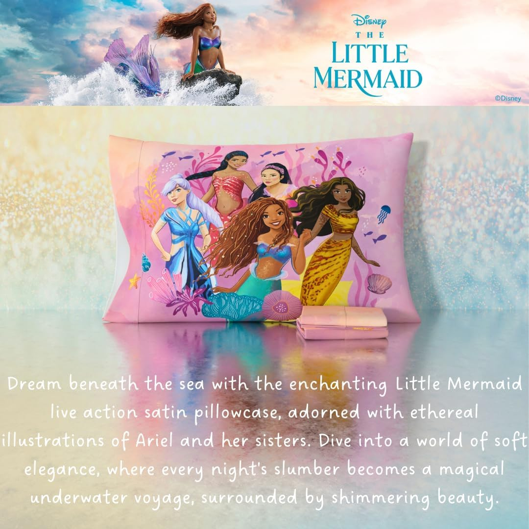 Franco The Little Mermaid Live Action Kids Beauty Silky Satin Standard Reversible Pillowcase Cover 20x30 for Hair and Skin, (Official Licensed Product)