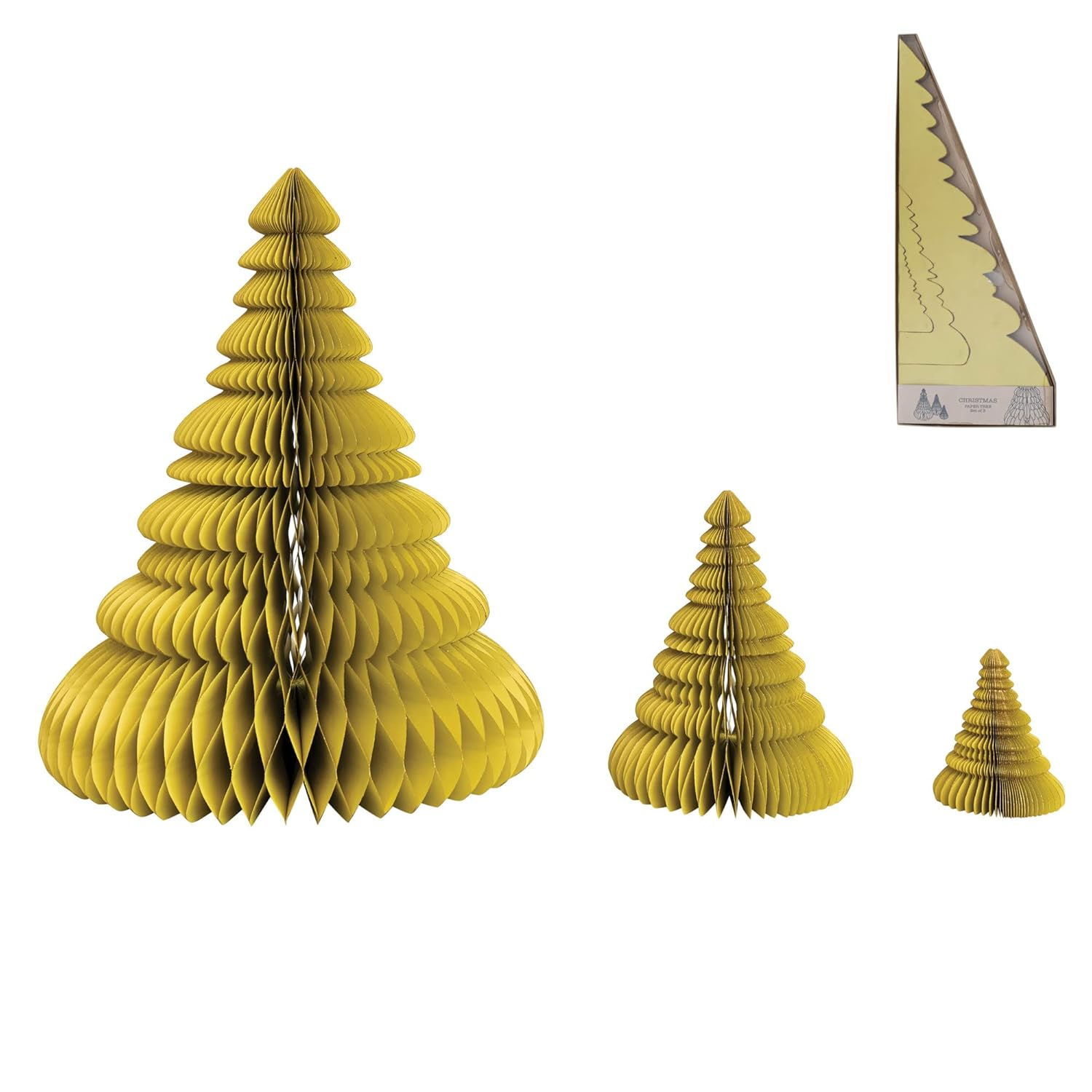 Creative Co-Op 20" Round x 26" H, 9-1/2" Round x 12" H & 5" Round x 6" H Handmade Recycled Paper Folding Honeycomb Trees w/Glitter, Chartreuse, Set of 3