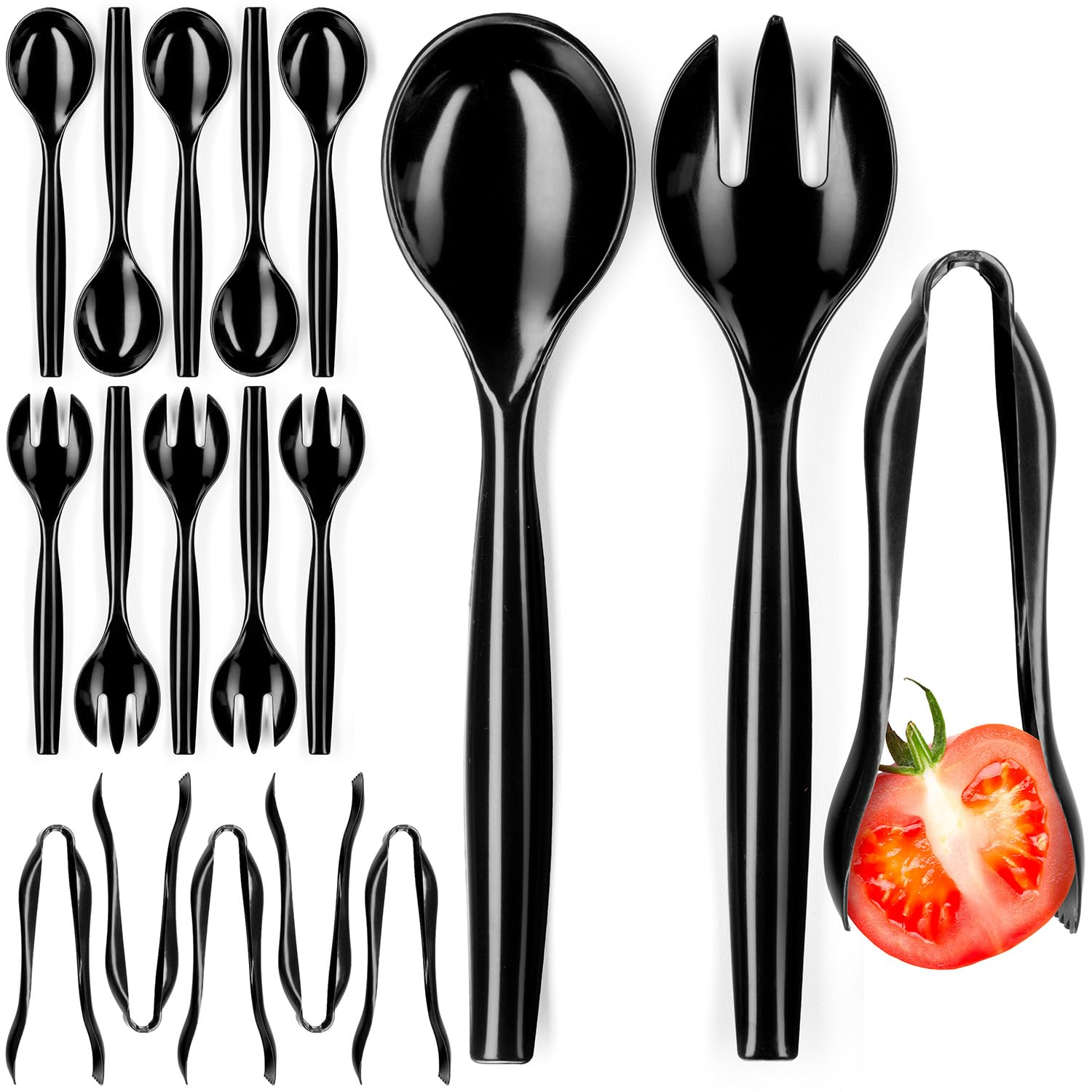 Disposable Serving Utensils - Set of 18 Party Utensils, 6 Each 6" Tongs, 10” Spoons, 10” Forks, Black