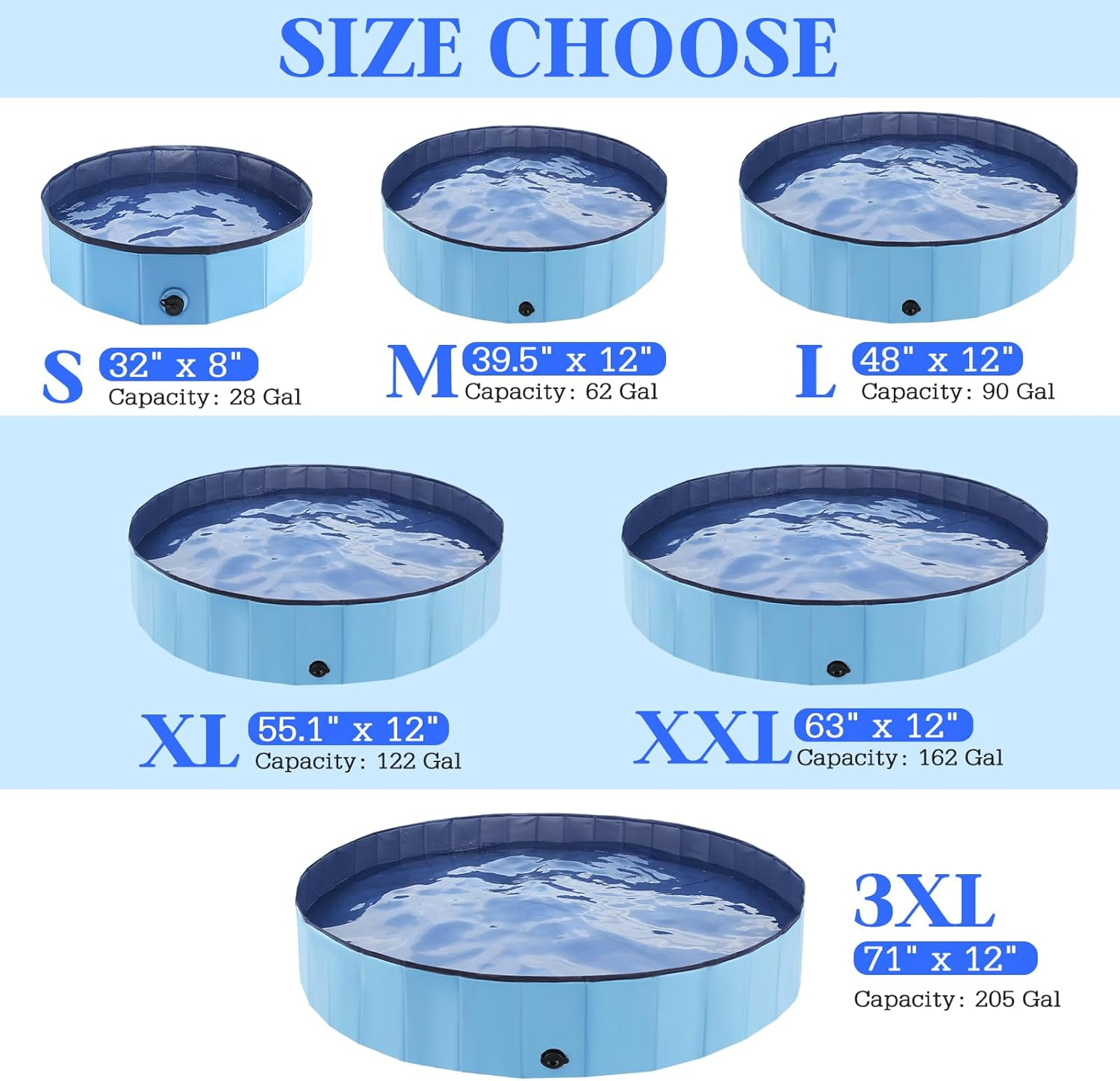 Foldable Dog Bath Swimming Pool Plastic Kiddie Pool Professional Tub Collapsible Grooming Bathtub for Pets Kids Baby and Toddler, 32 x 8 Inches Blue (Blue, S - 32'' x 8'')