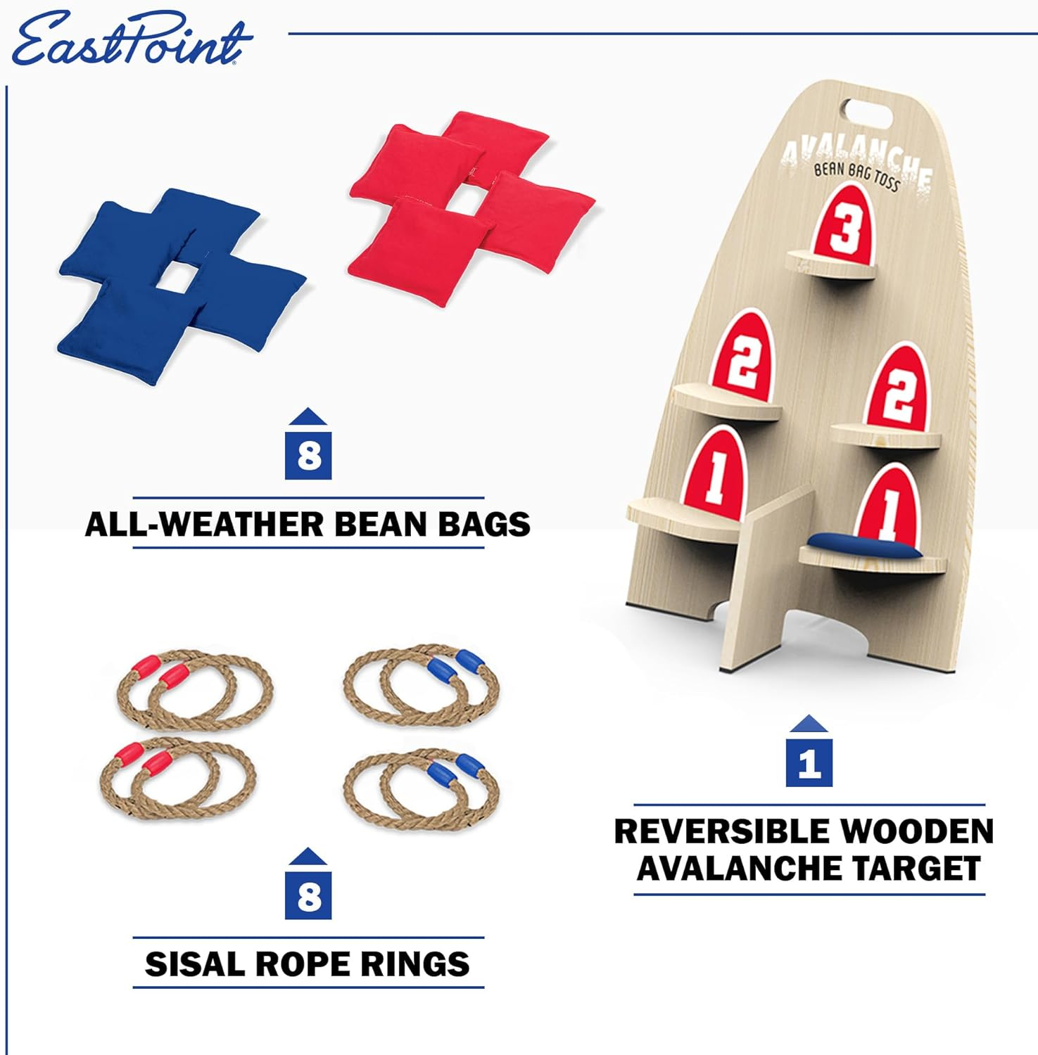 EastPoint Sports 2-in-1 Avalanche Toss and Ring Toss Game, Wooden Outdoor Game, Includes 6 Bean Bags & 6 Rings