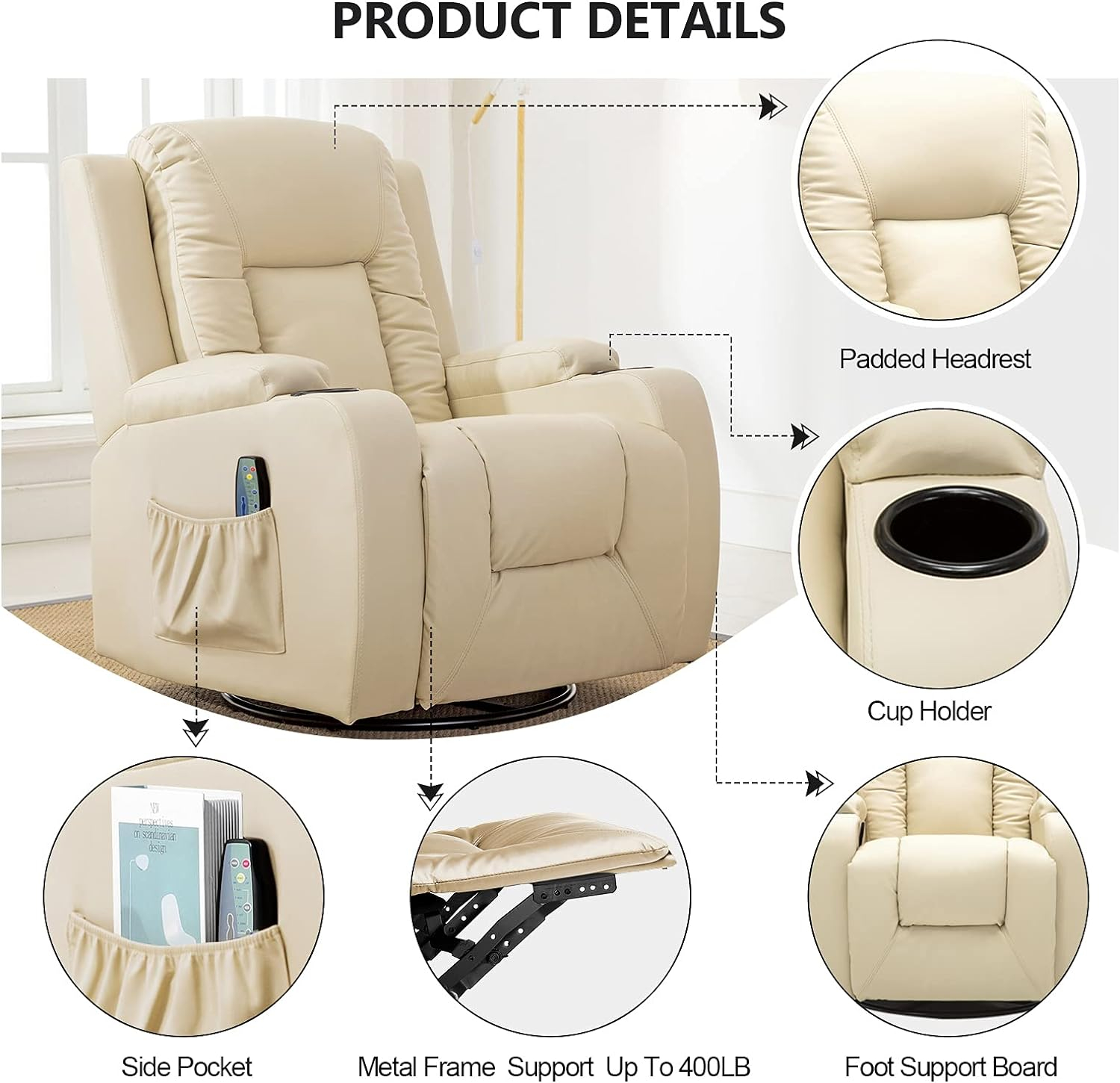 COMHOMA Recliner Chair, PU Rocking Chair for Adults, Swivel Recliner with Cup Holders, Heat and Massage, Single Sofa Seat with Side Pockets for Living Room, Bedroom (White)