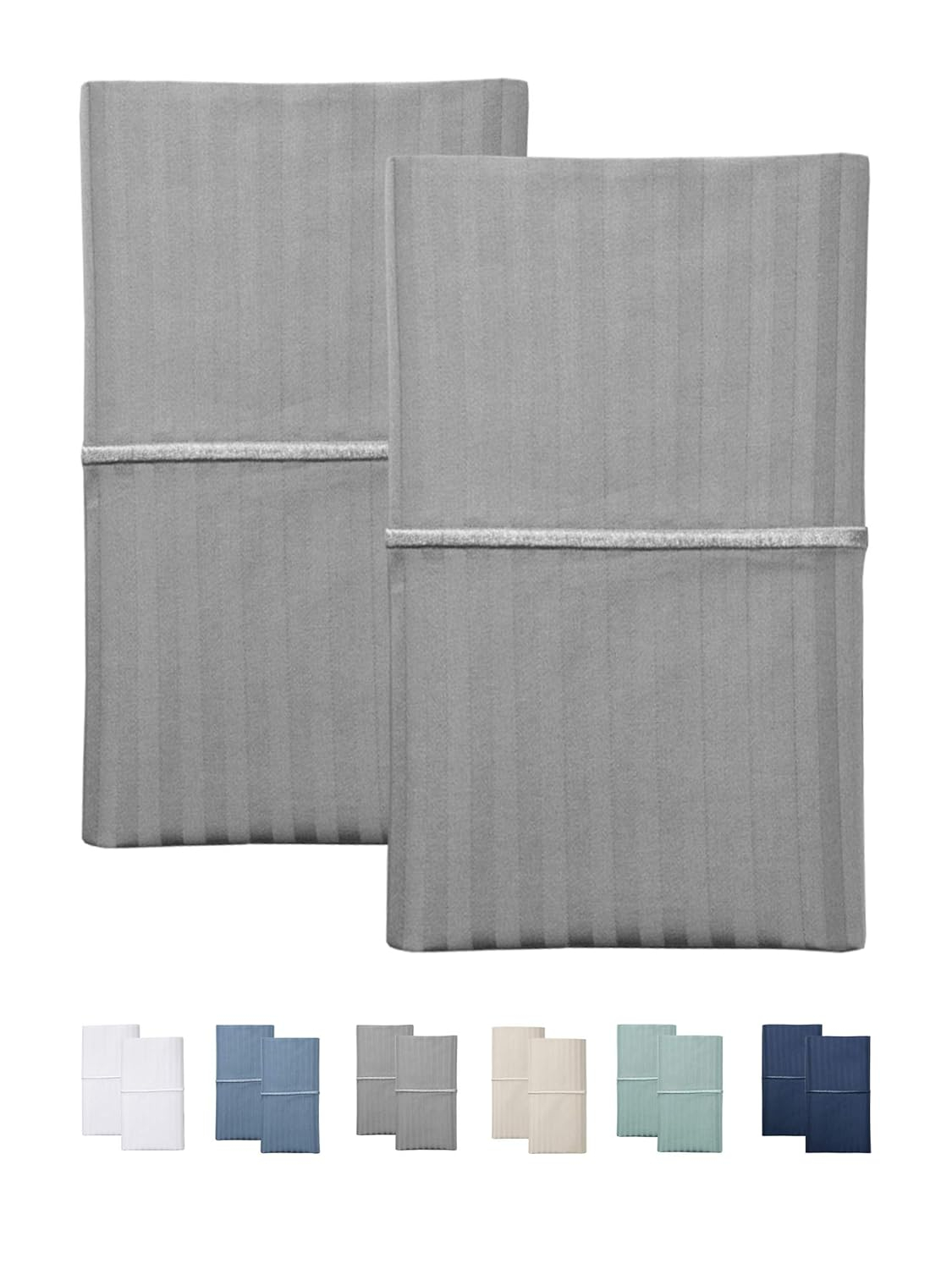 Feather & Stitch Pillow Covers Set of 2, Envelope Closure King Size Pillowcases, Soft Luxury 500 TC Damask Stripe Sateen Weave Pillow Case, 20x40 Inches - Grey