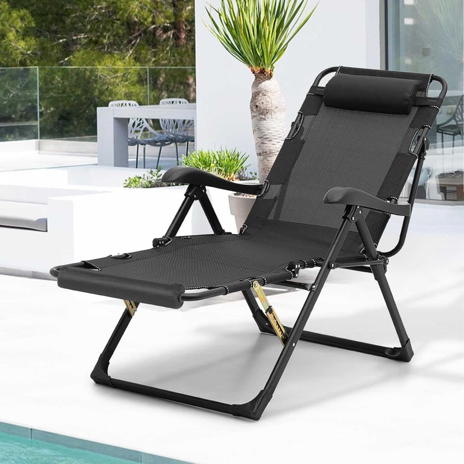 MoNiBloom Patio Lounge Chair with Adjustable Headrest & Foot Pads, Outdoor Folding Reclining Beach Lawn Lounger, Black