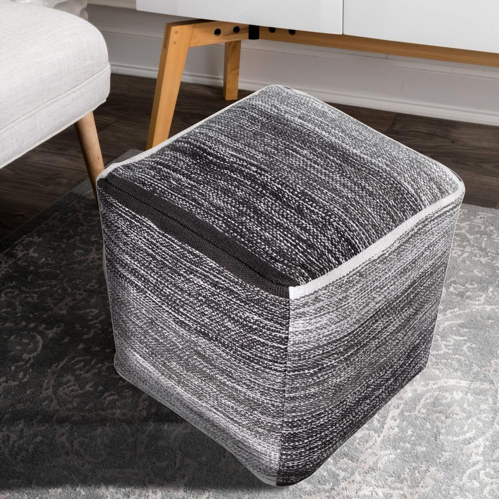 LR Home Medium Striped Indoor Square Pouf, Gray, 16" x 16" x 16"