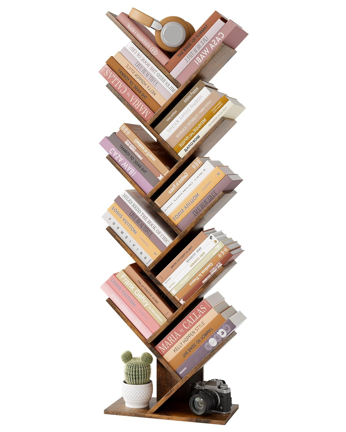 Hoctieon 10 Tier Tree Bookshelf, 10 Shelf Bookcase, Free Standing Tree Bookcase, Display Floor Standing Shelf for Books, Book Shelf Organizer, Rustic Brown