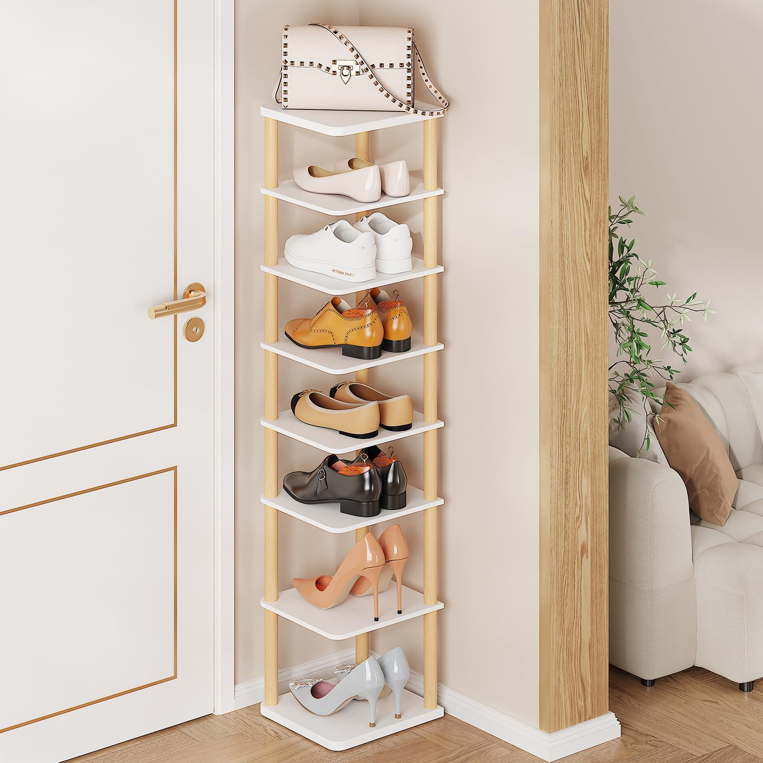LUCKNOCK Vertical Shoe Rack, 8-Tier Tall Narrow Shoe Organizer for Entryway, Closet, Dorm & Small Spaces, Freestanding White Wooden Shoe Shelf Tower for Boots, Sneakers, Heels.