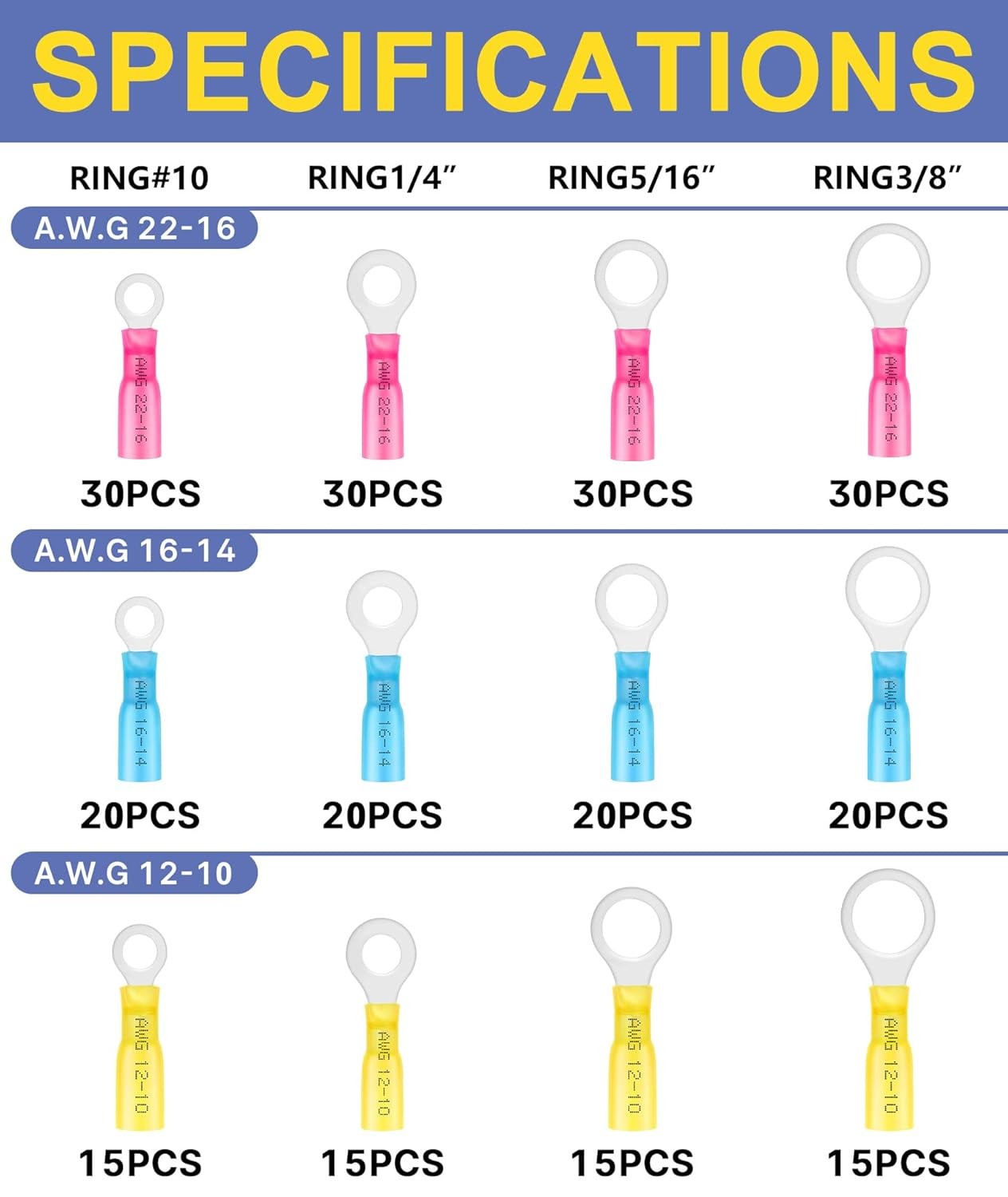 haisstronica 260PCS Marine Grade Heat Shrink Ring Connectors-Heat Shrink Wire Connectors Tinned Red Copper #10,1/4",5/16",3/8"(3Colors/4Sizes),16-14 22-16 12-10 Gauge Insulated Ring Crimp Terminals