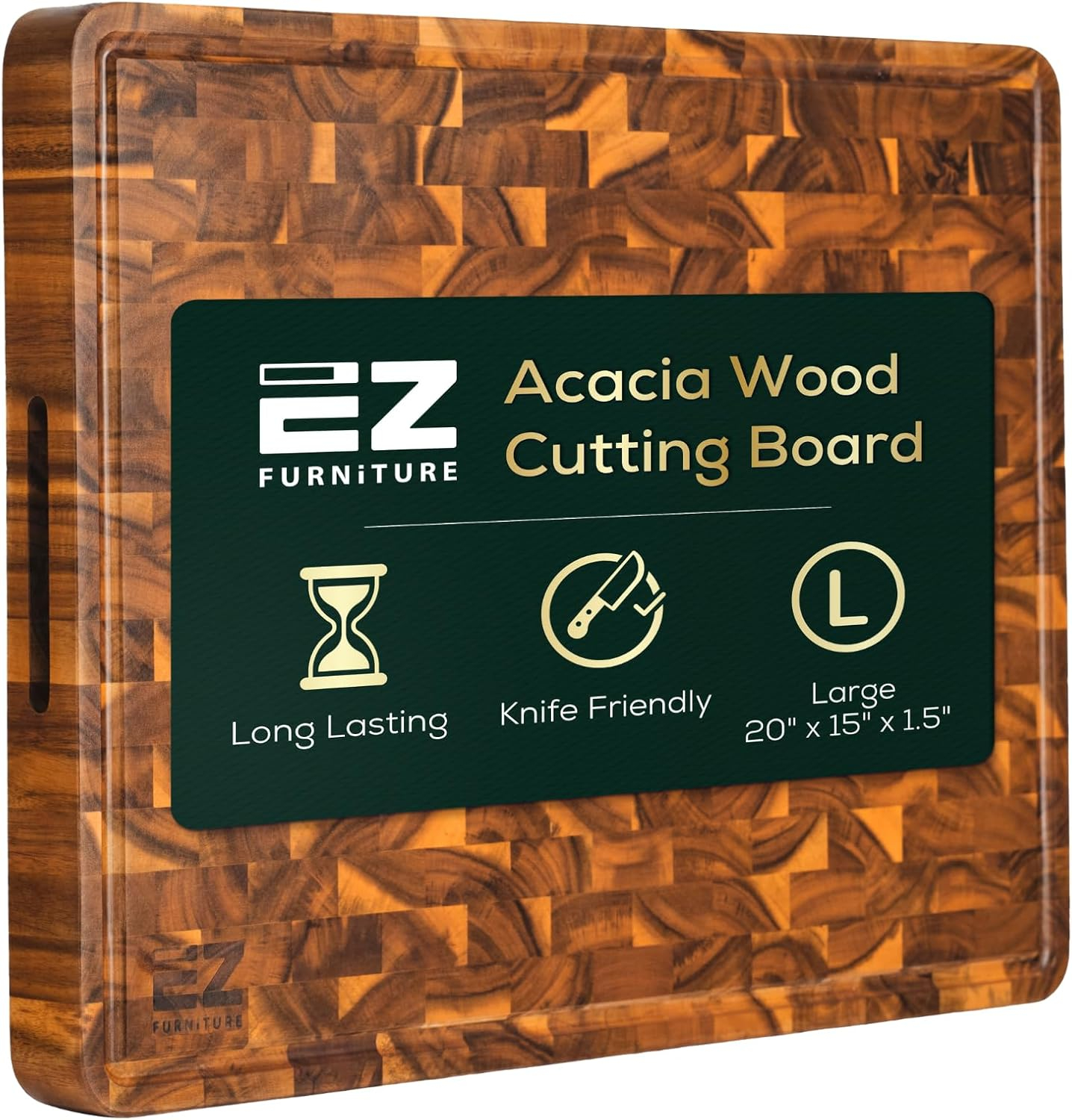 20" x 15" x 1.5" Inch Acacia Wood Cutting Board, End Grain with Juice Groove and Handles, Knife Friendly, Suitable for Chopping, Aesthetics for The Kitchen
