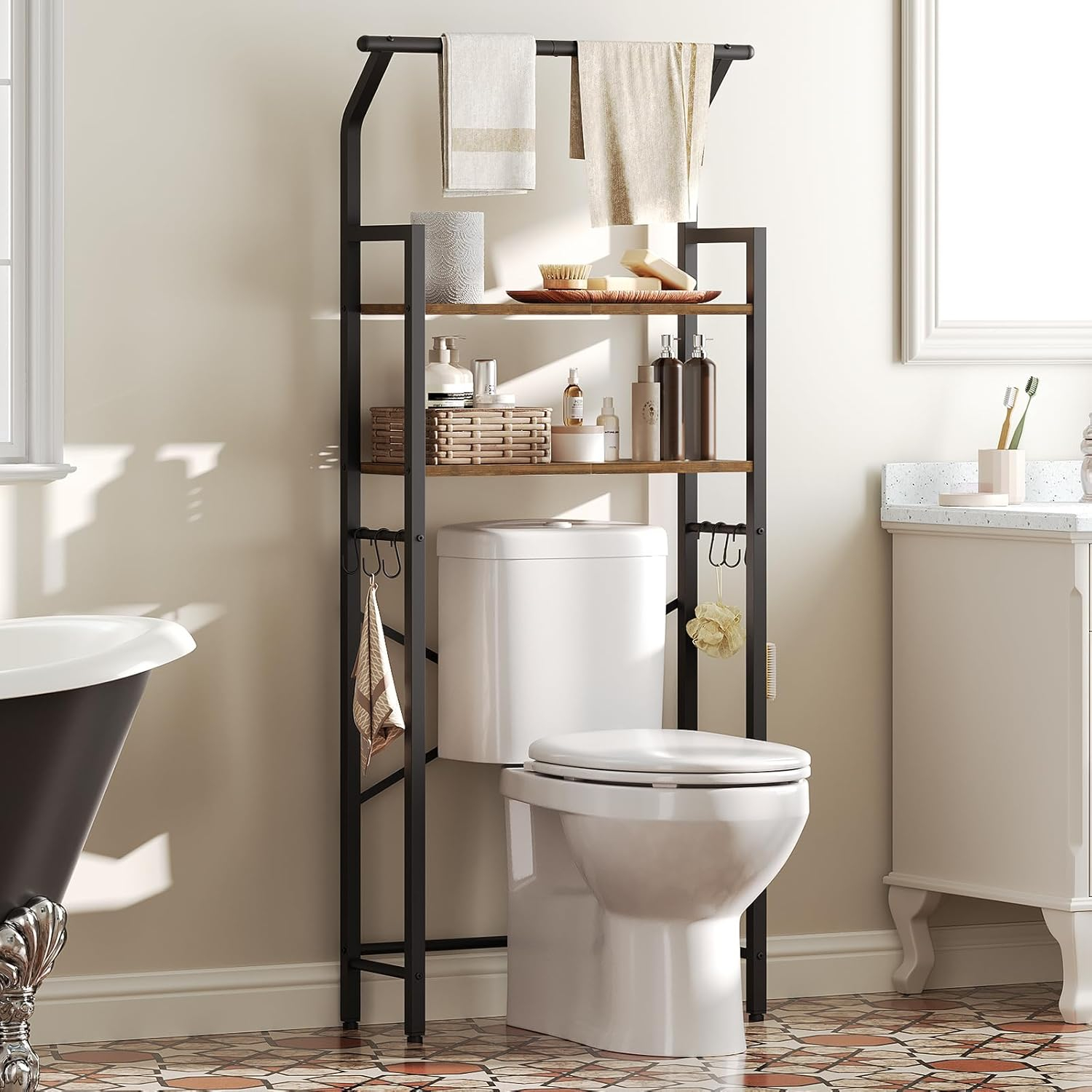 Over The Toilet Storage, 2-Tier Bathroom Organizer Shelves with Hooks, Multifunctional Vertical The Toilet Shelf Storage Rack for Bathroom, Rustic Brown and Black TR01BR