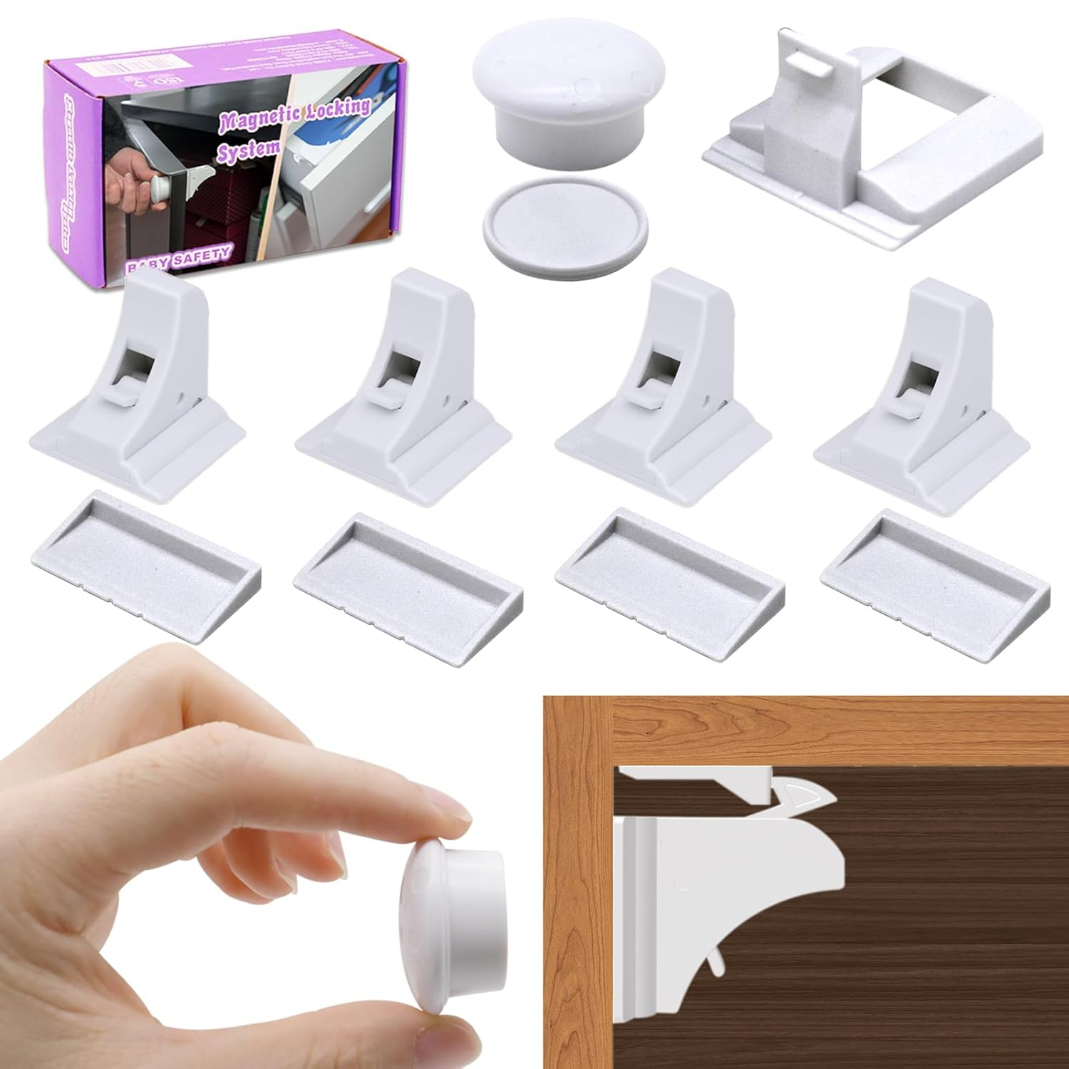 Qaailabf 4-Pack Invisible Magnetic Baby Safety Locks for Cabinets & Drawers - Easy Install, No Drill, Childproof Locking System with 1 Key - Furniture Safe, Adhesive Mount, Fits Surfaces up to 1.4"