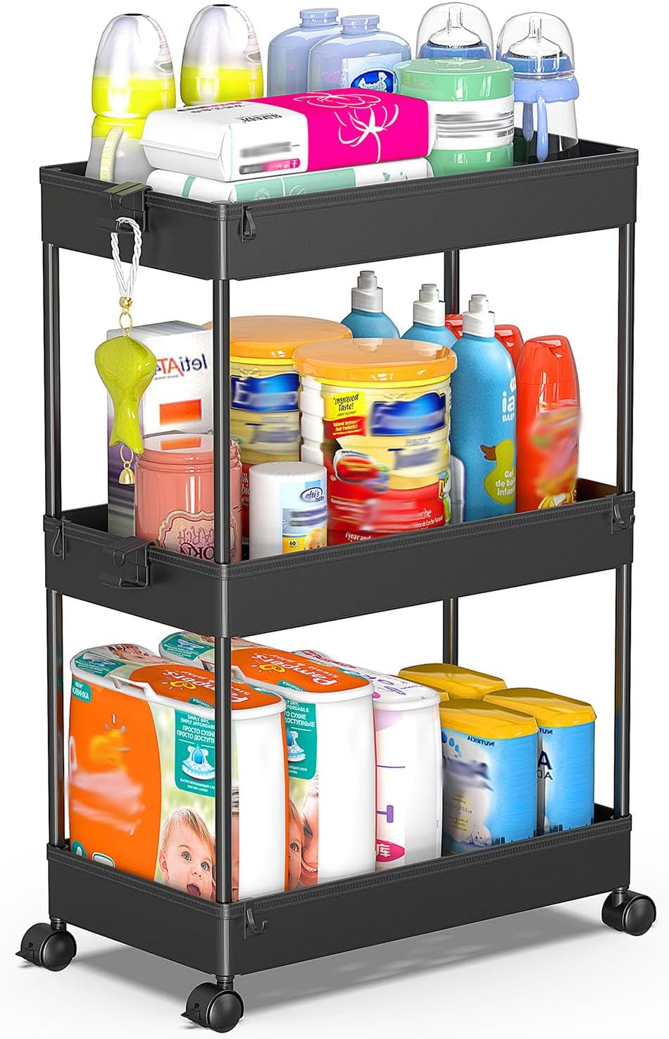 SPACEKEEPER Storage Rolling Cart 3 Tier, Laundry Room Organization Bathroom Cart Organizer Utility Mobile Shelving Unit Multi-Functional Shelves for Office, Kitchen, Black
