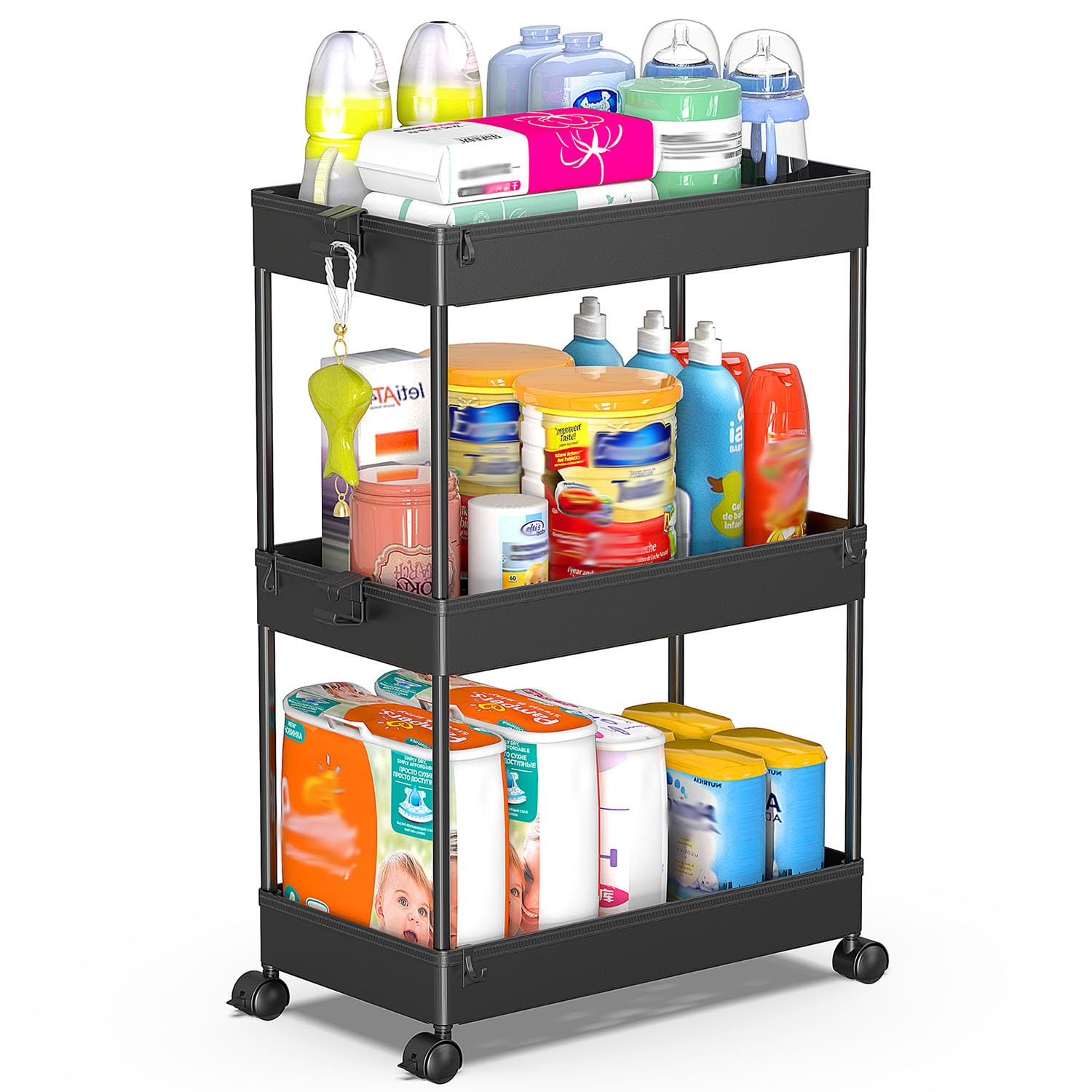 SPACEKEEPER Storage Rolling Cart 3 Tier, Laundry Room Organization Bathroom Cart Organizer Utility Mobile Shelving Unit Multi-Functional Shelves for Office, Kitchen, Black