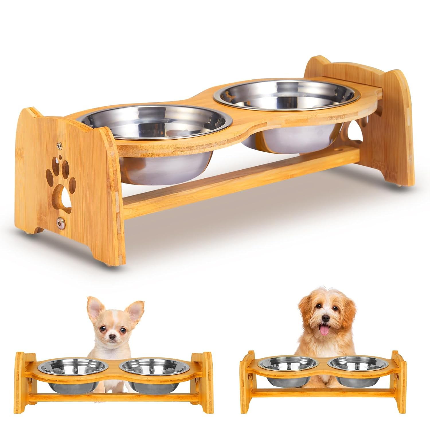 X-ZONE PET Elevated Dog Bowls for Cats and Dogs, Adjustable Bamboo Raised Dog Bowls for Small Dog, Food and Water Set Stand Feeder with 2 Stainless Steel Bowls and Anti Slip Feet (Height 4" to 4.5")