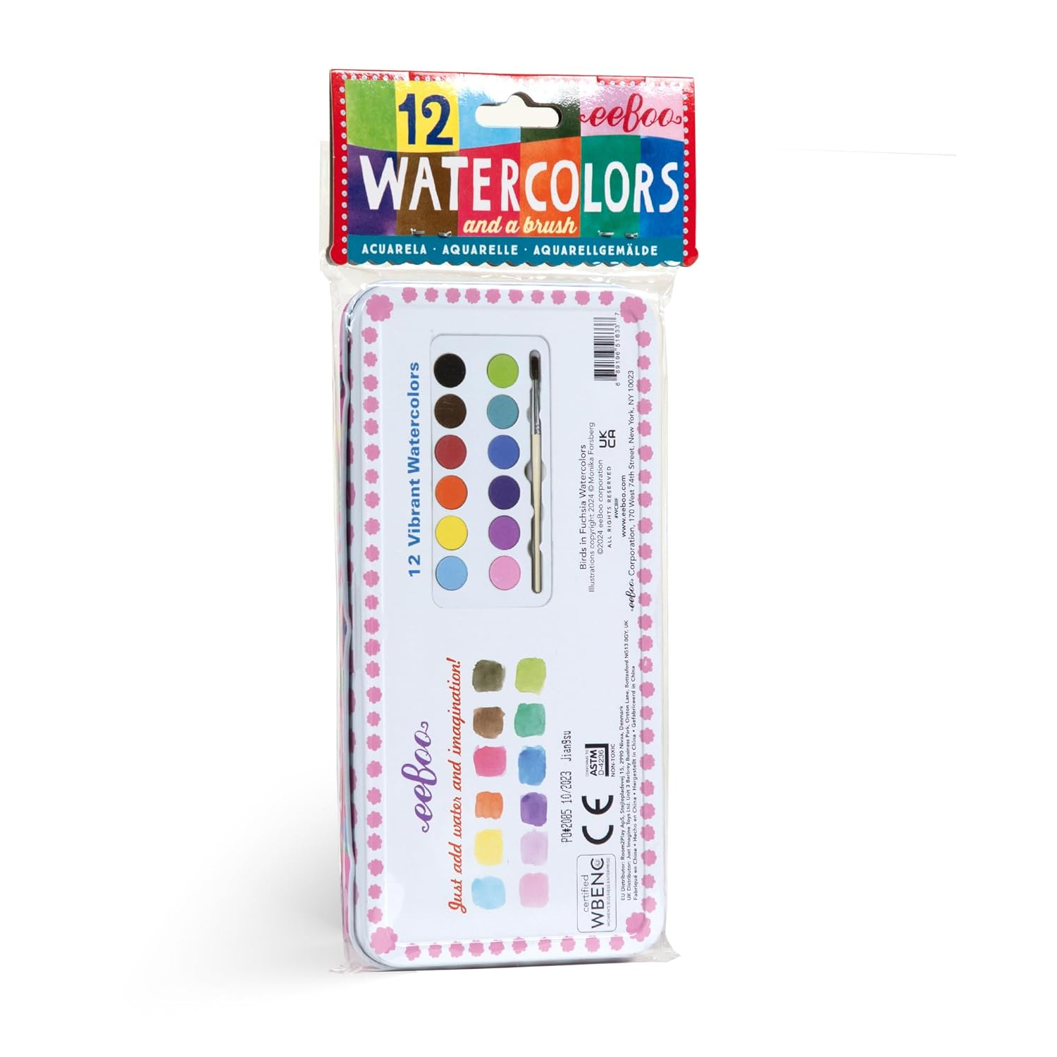 eeBoo: Birds in Fuchsia 12 Watercolors - Paint Set w Brush, Beautiful Design Tin Box, 12 Vibrant Colors, Kids Art Supplies, Ages 3+
