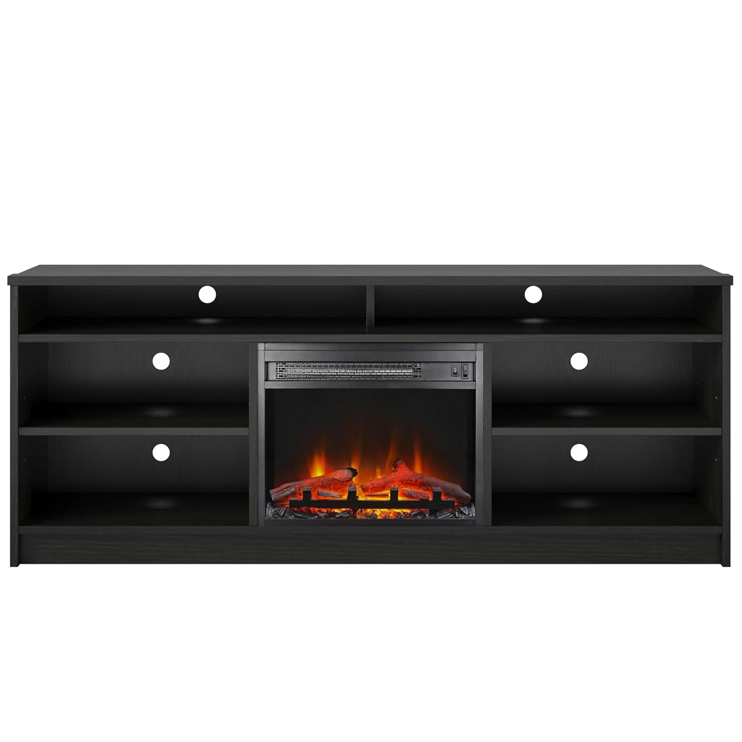 Ameriwood Home Hendrix Electric Fireplace Space Heater TV Stand for TVs up to 65" with 6 Shelves, Black Oak